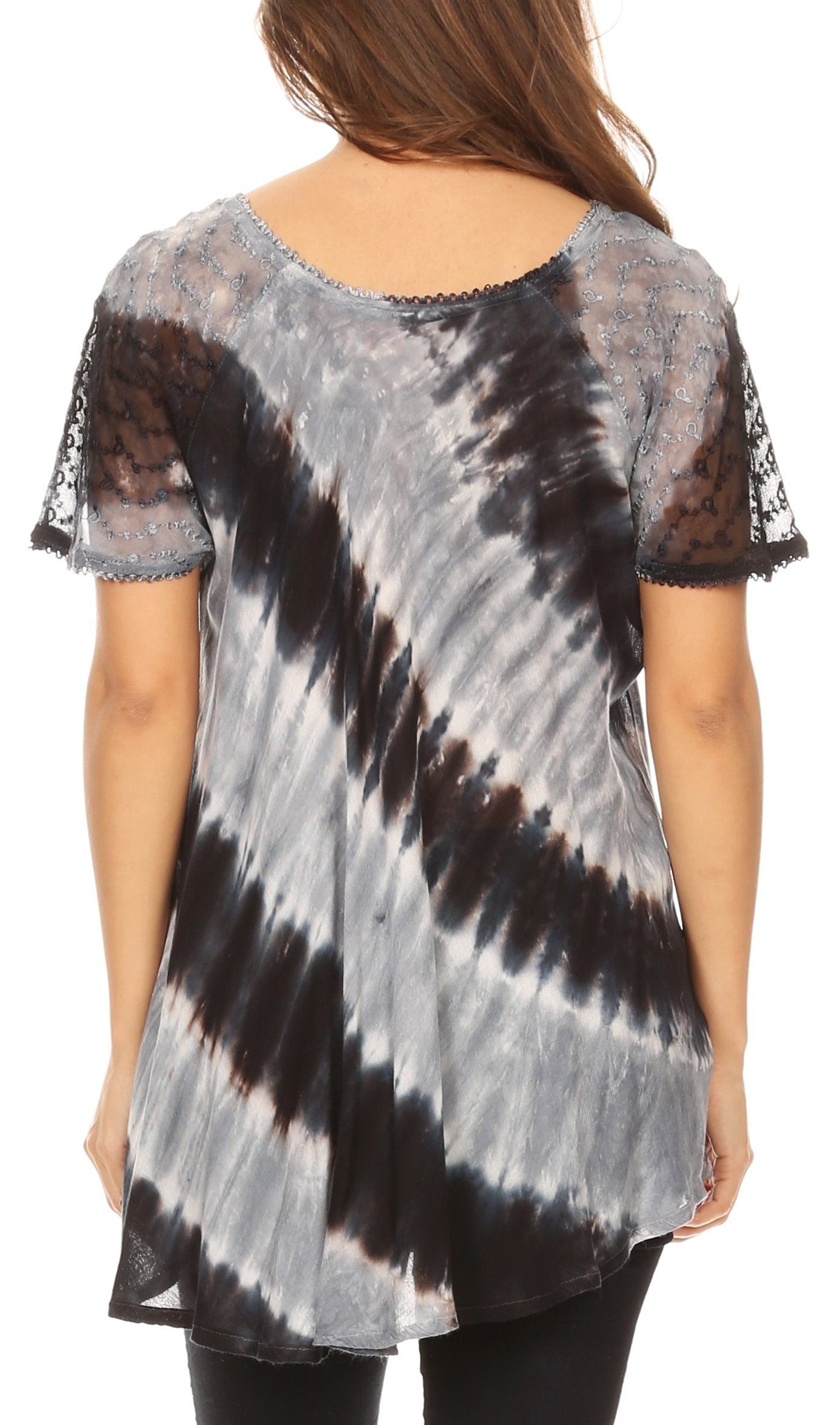 Tie-dye shirt with black and gray pattern on a white background