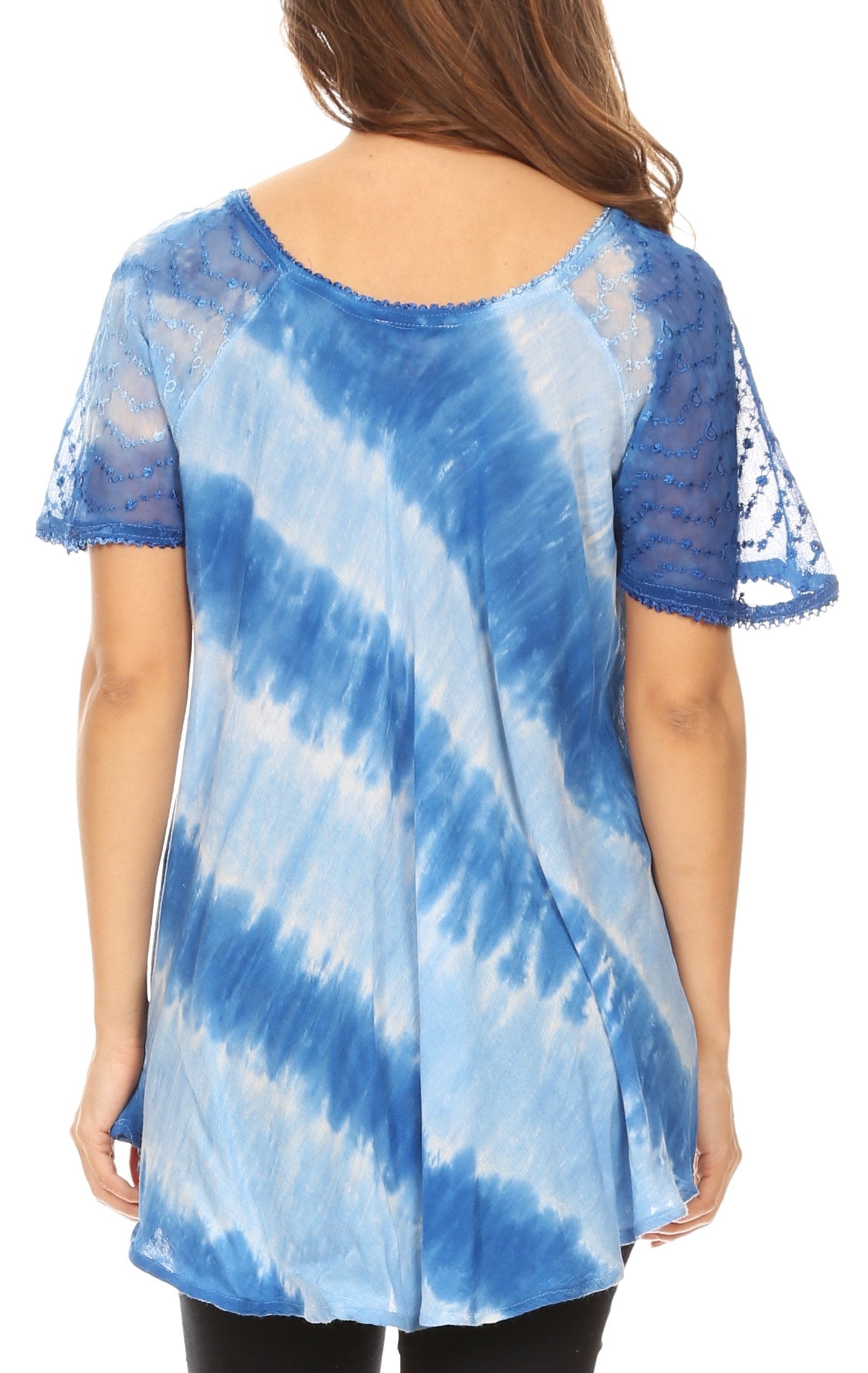 Blue and white tie-dye top with lace sleeves on a white background