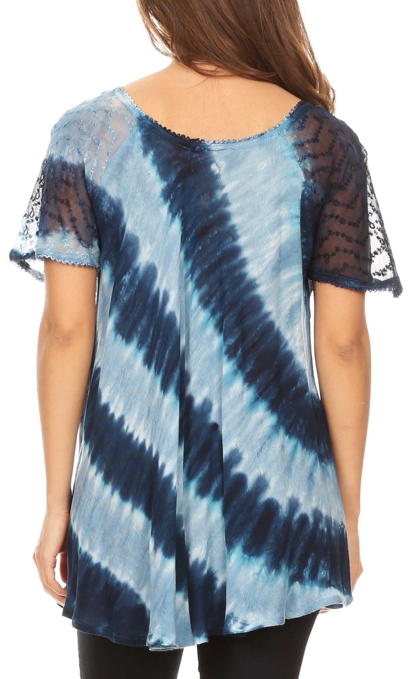 Blue tie-dye top with sheer sleeves worn by a person on a white background