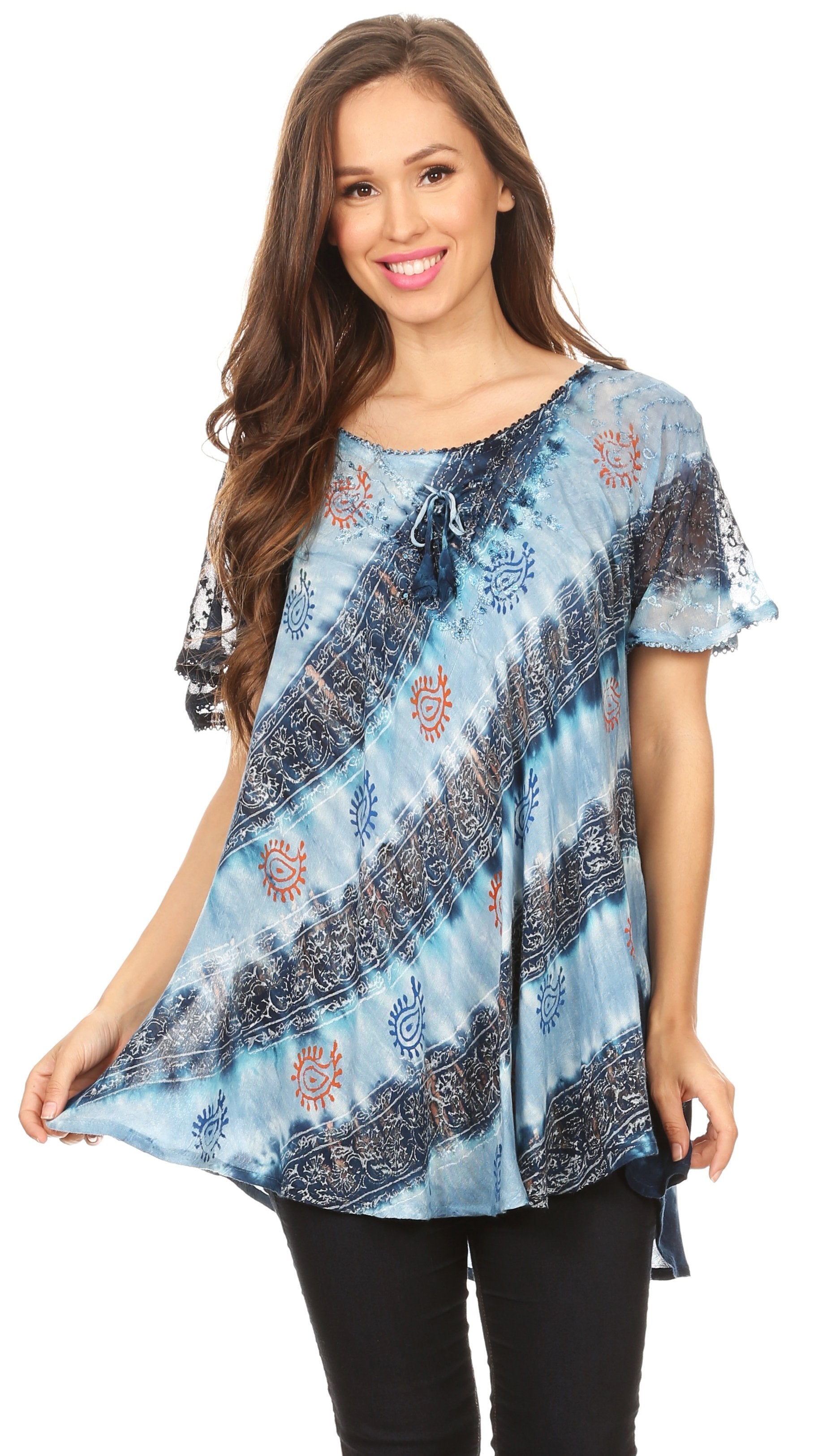 Woman wearing a blue patterned top on a white background