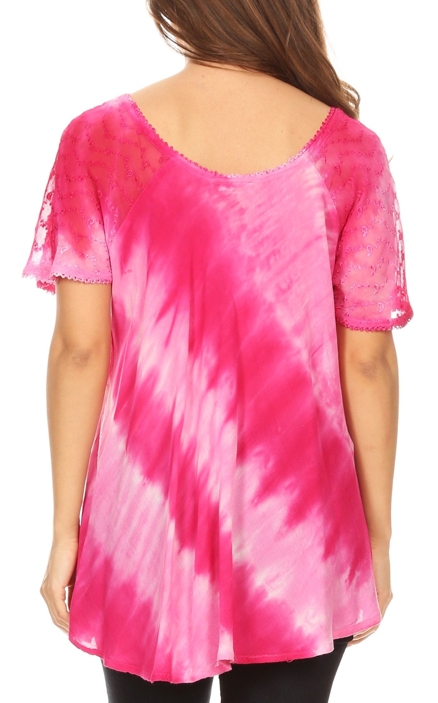 Pink tie-dye shirt worn by a person on a white background