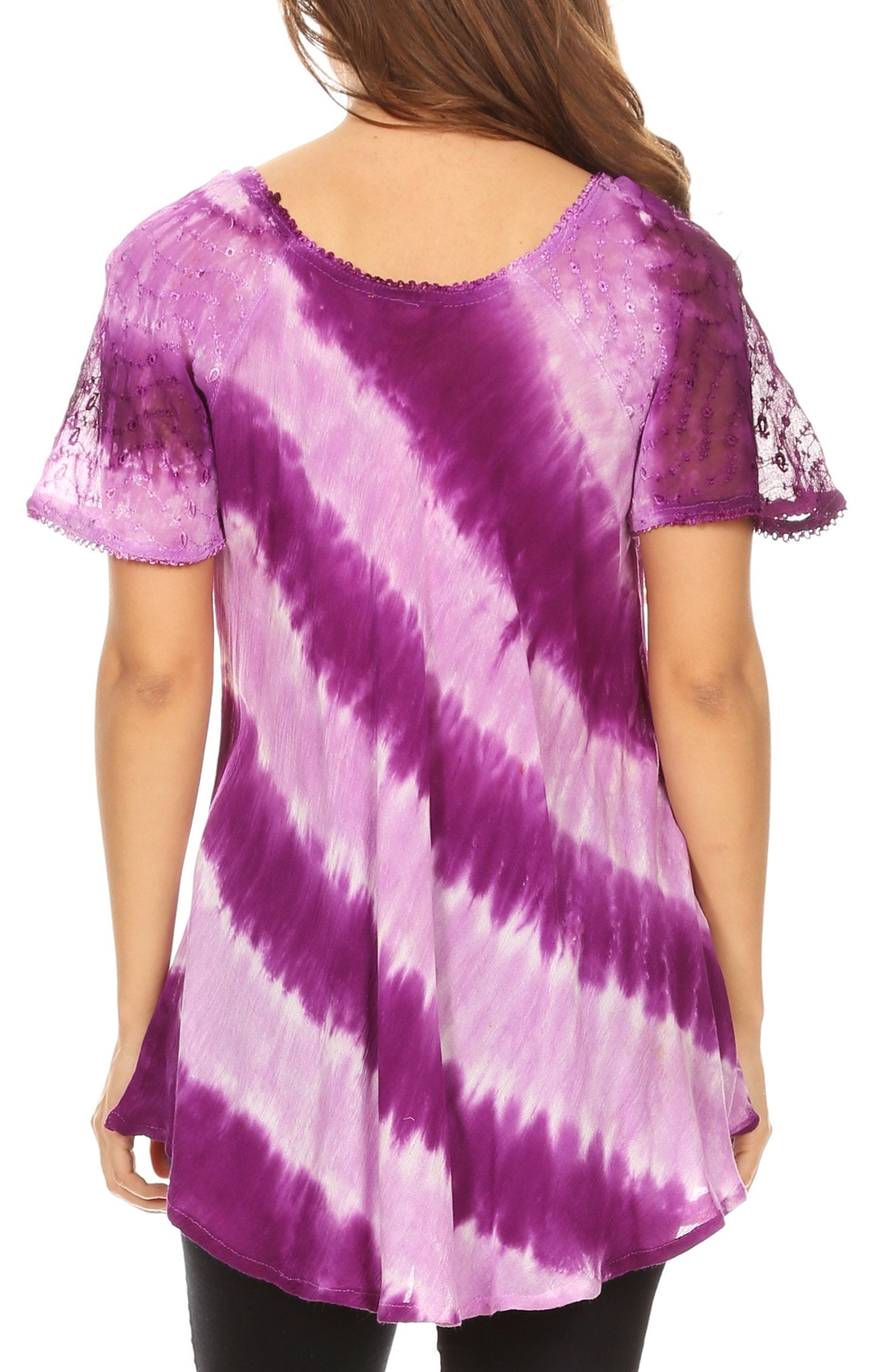 Purple and white tie-dye shirt worn by a person on a white background