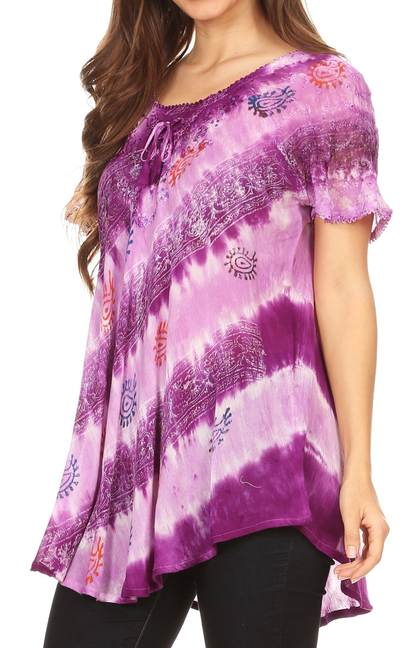 Purple tie-dye blouse with patterns on a white background