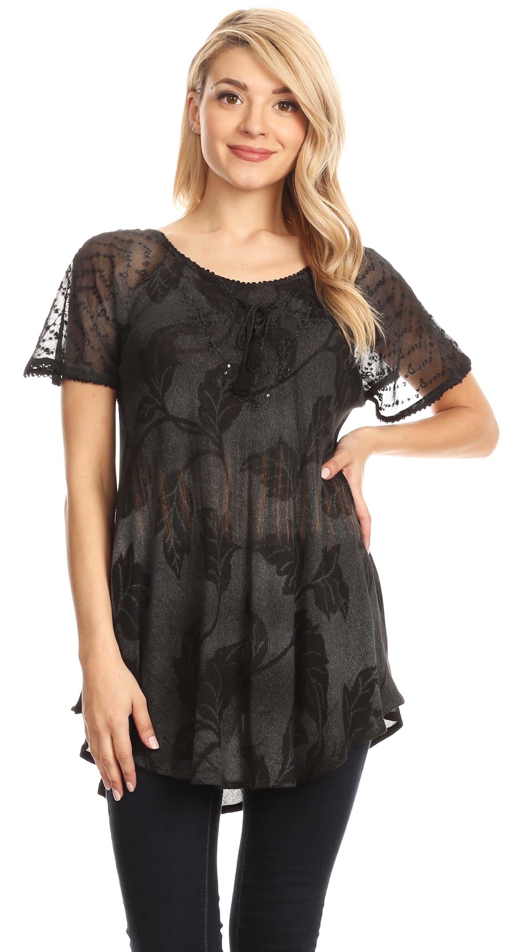 Woman wearing a black lace top on a white background