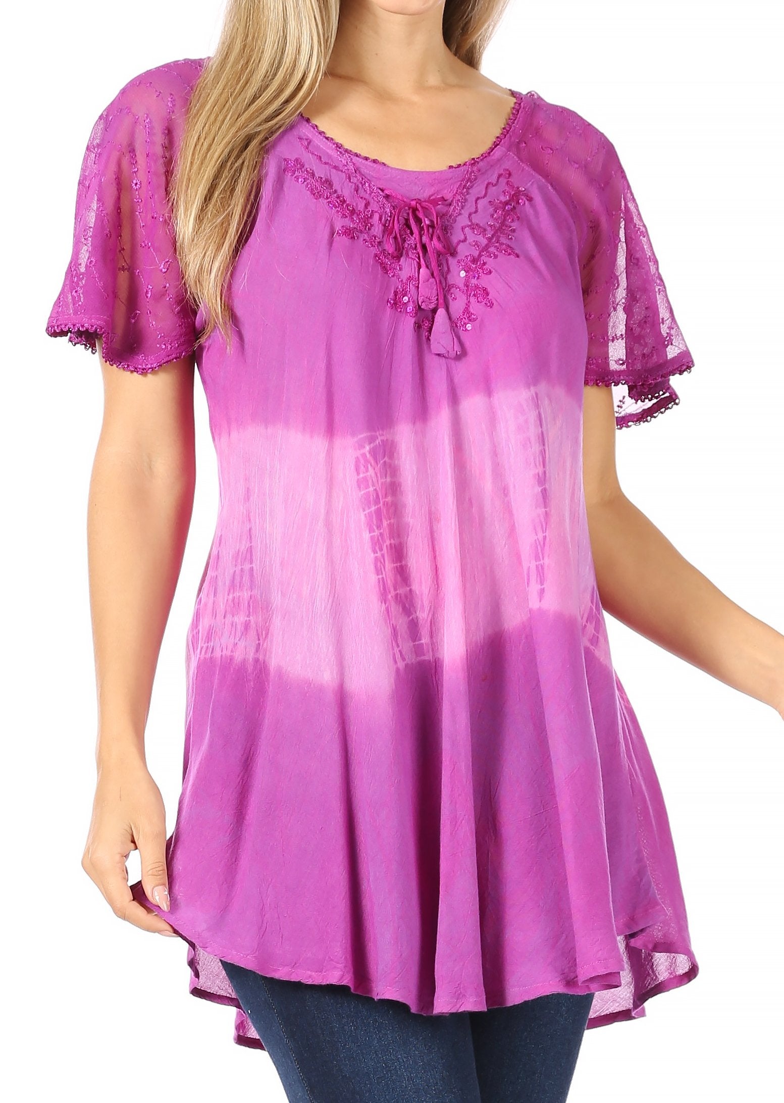 Purple lace-trimmed top with gradient design on a white background