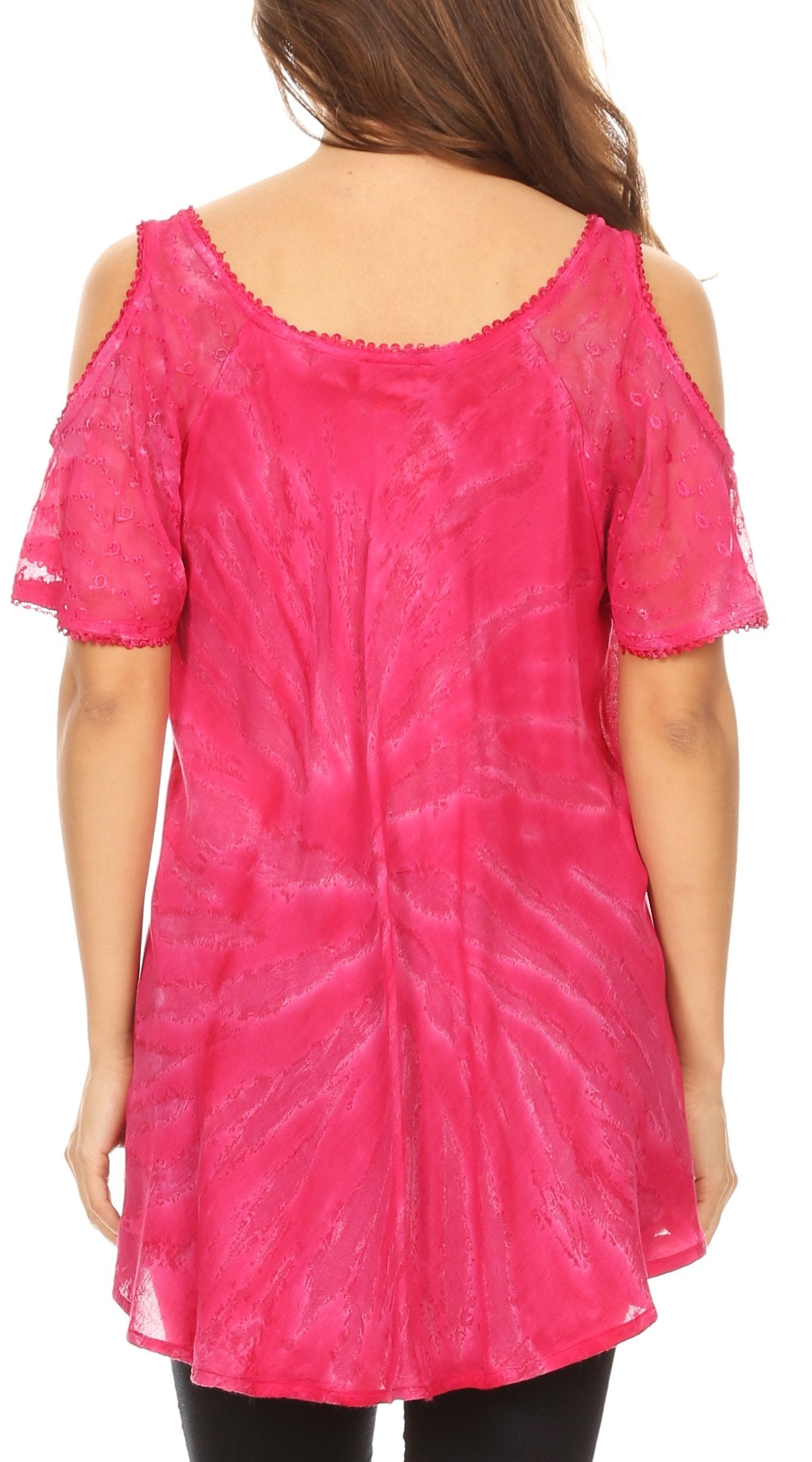 Pink sheer blouse with cold shoulder design on a white background