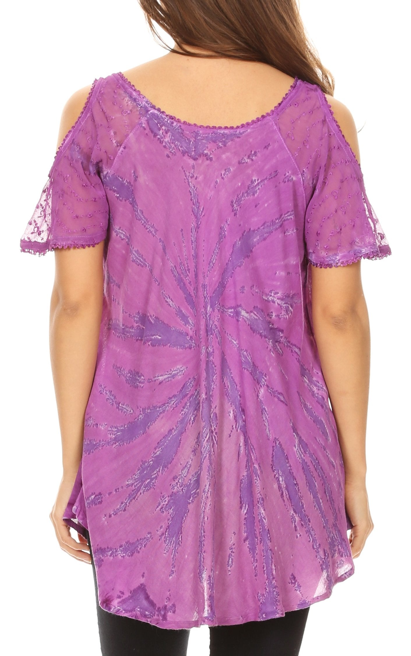 Purple tie-dye top worn by a person on a white background