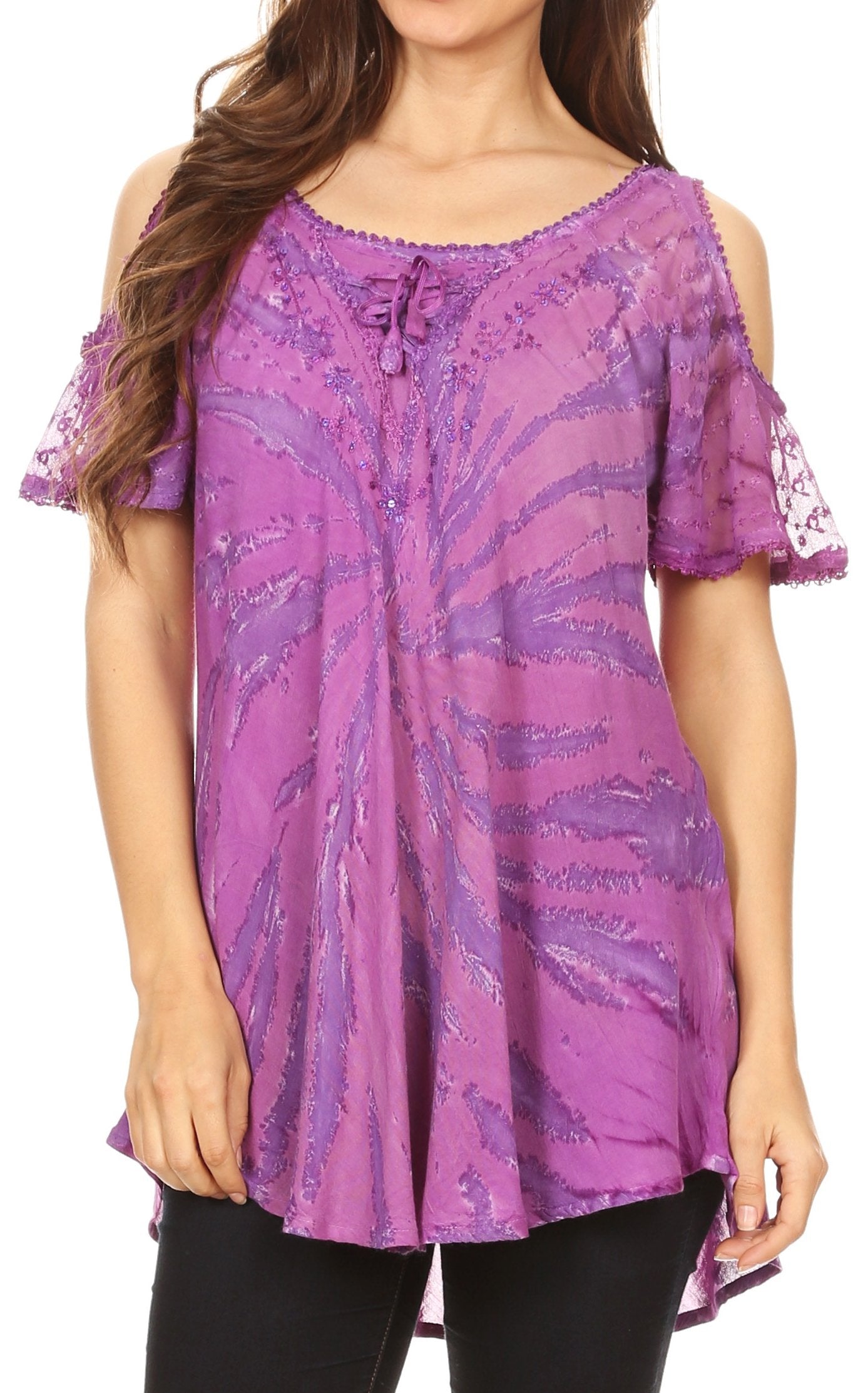 Purple lace top worn by a model on a white background