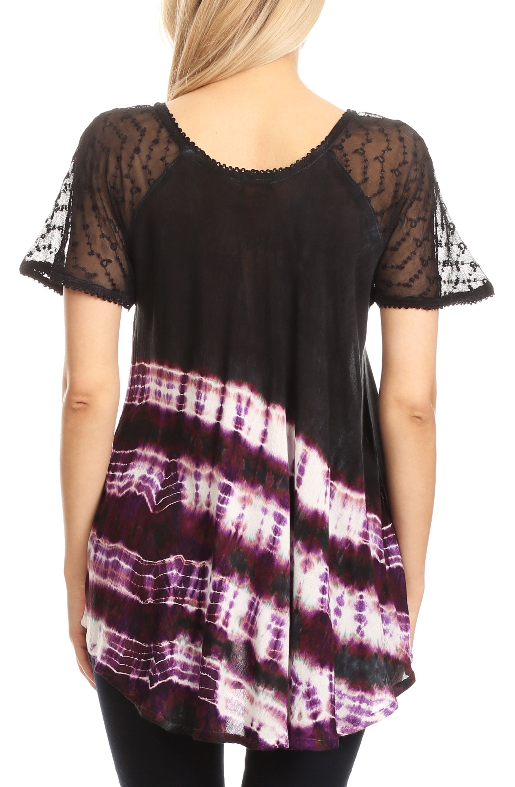 Black lace top with tie-dye pattern on a white background