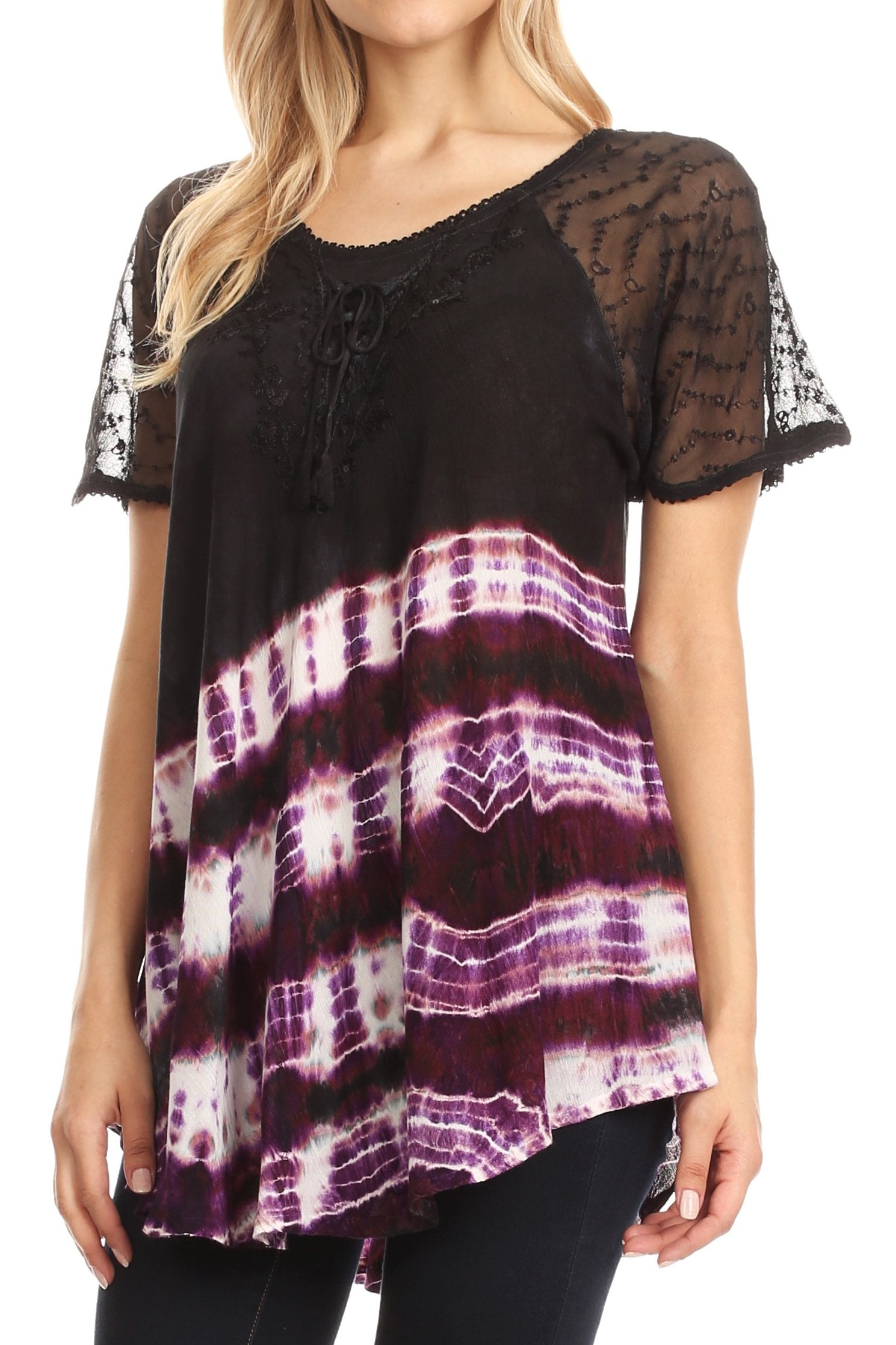 Black and purple tie-dye top with lace sleeves worn by a model on a white background