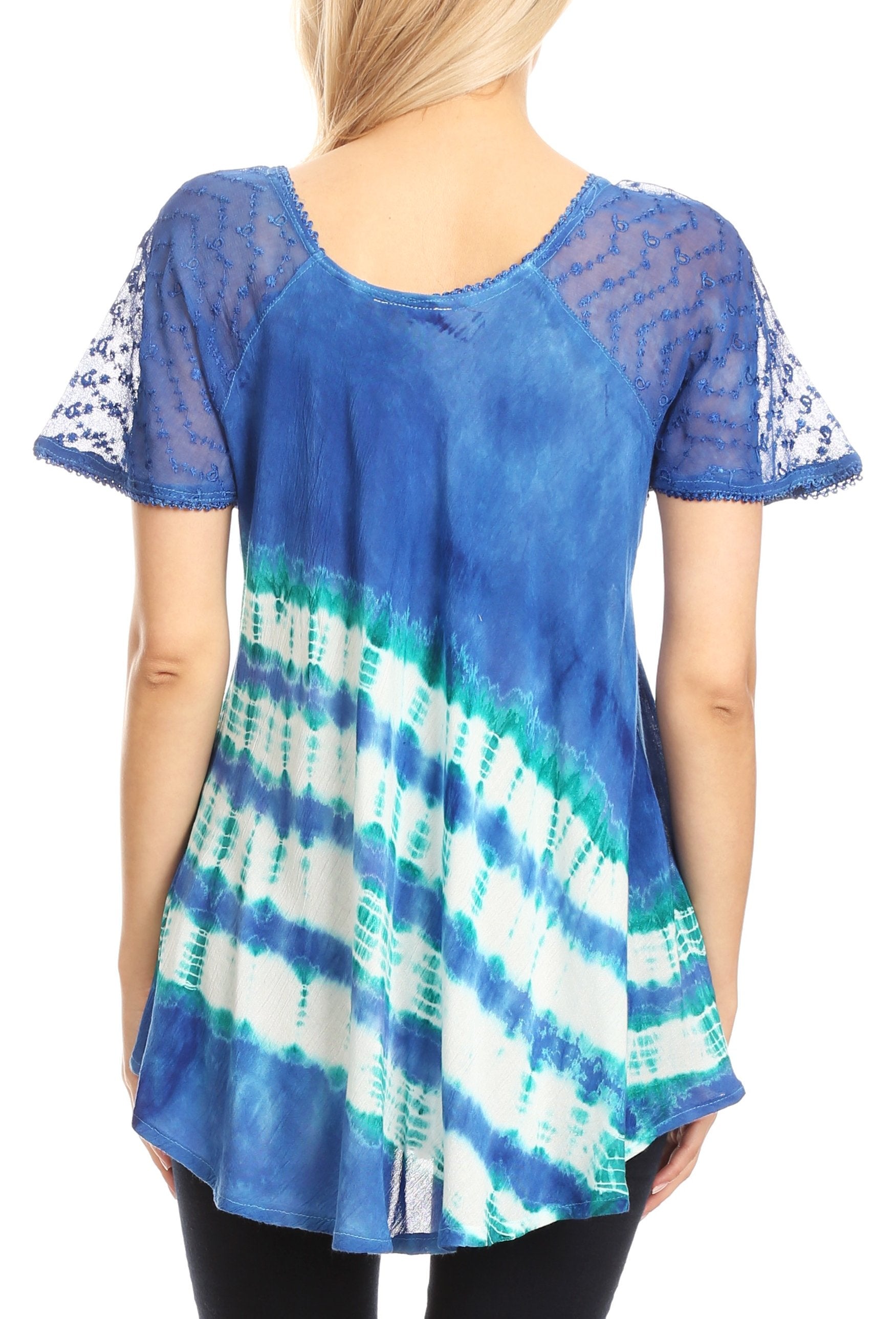Blue tie-dye shirt with sheer sleeves on a white background