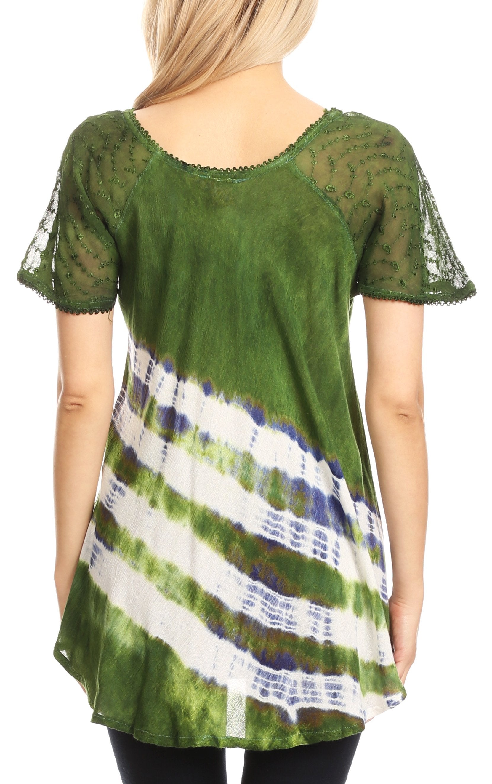 Green and white tie-dye dress with sheer sleeves on a model against a white background