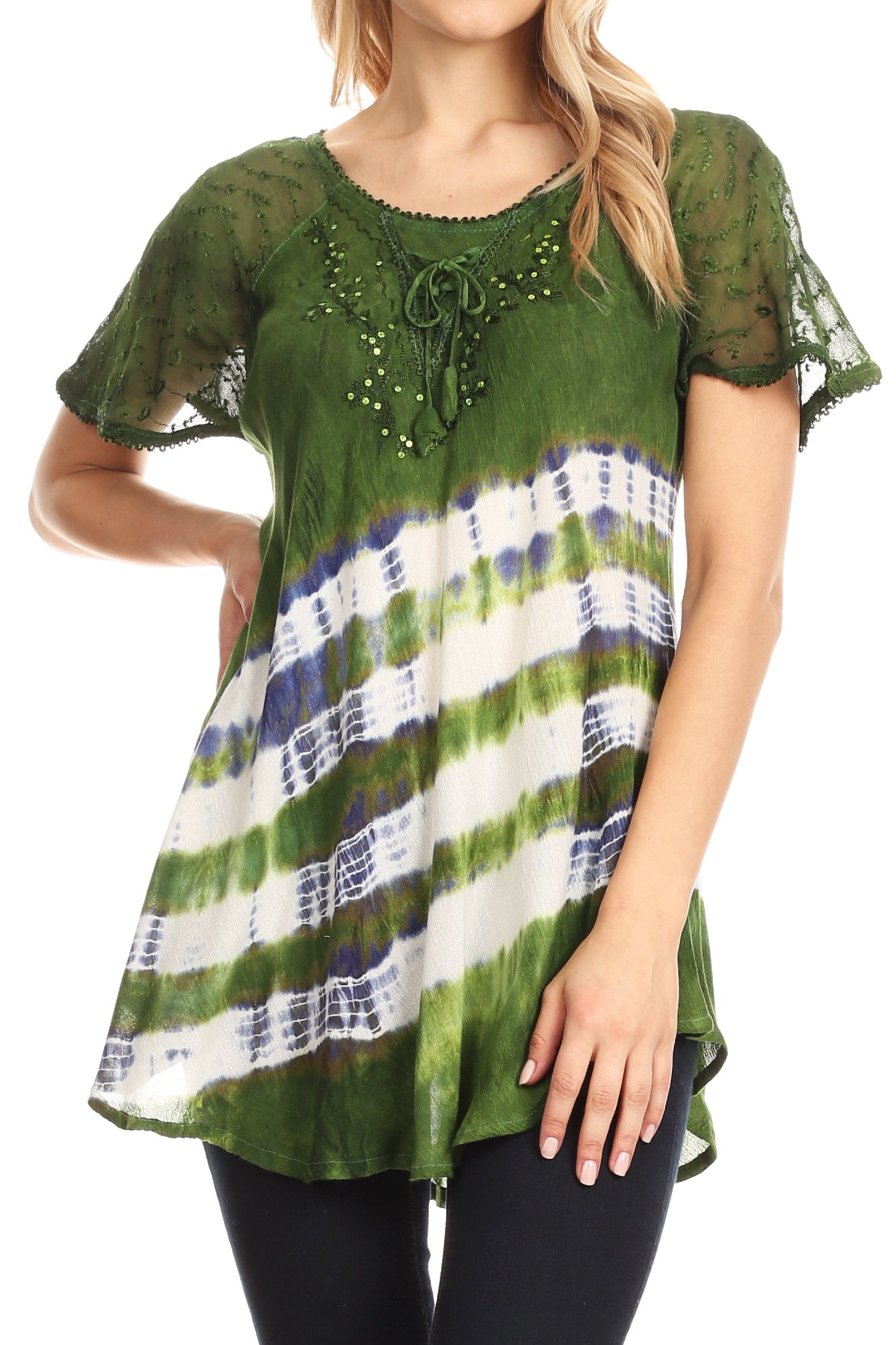 Green tie-dye blouse with lace sleeves worn by a model on a white background