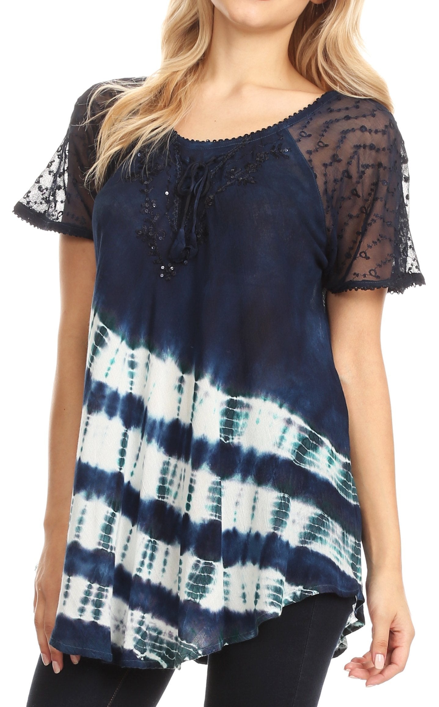 Navy tie-dye top with lace sleeves worn by a model