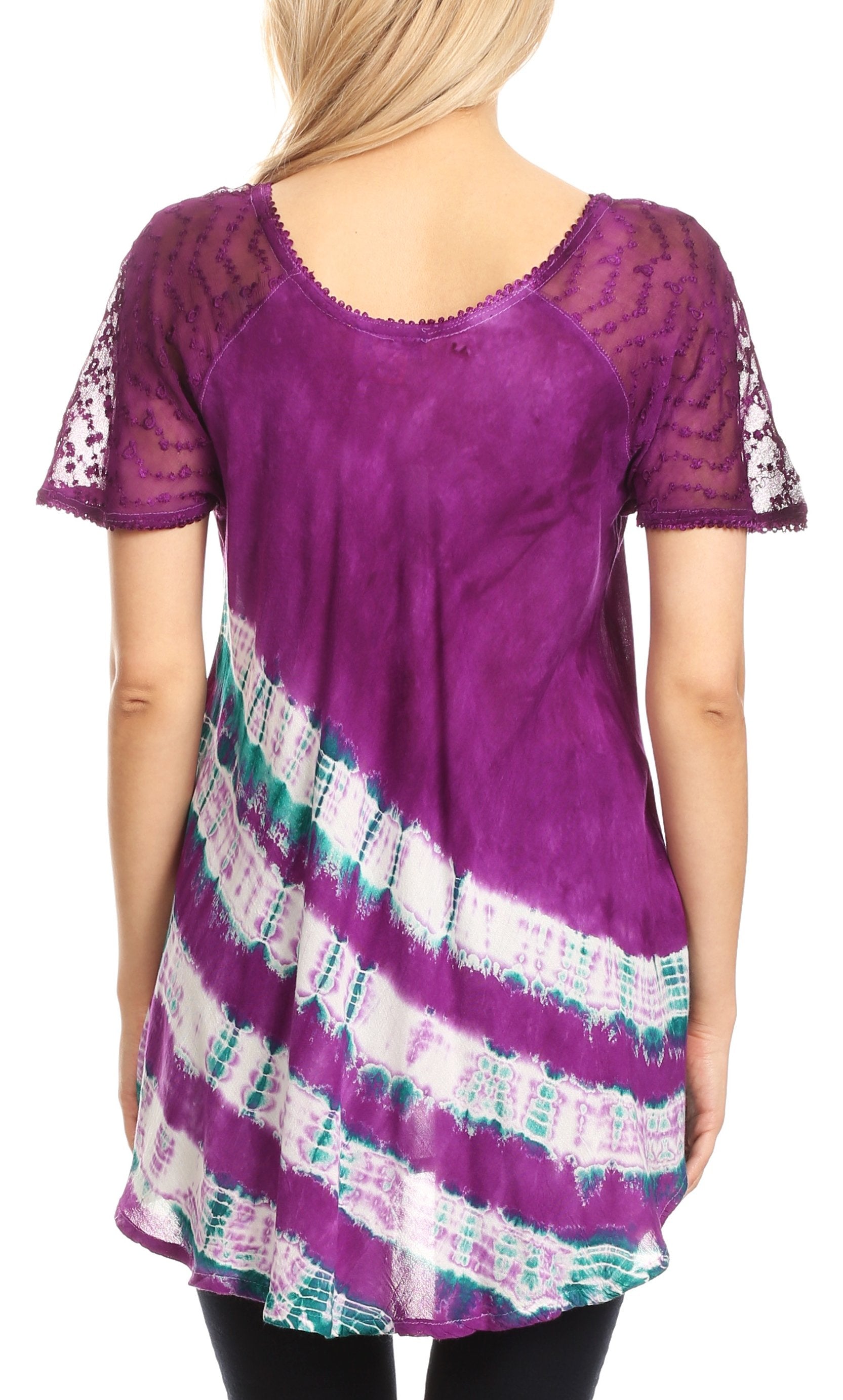 Purple tunic with lace sleeves and colorful plaid pattern on a white background