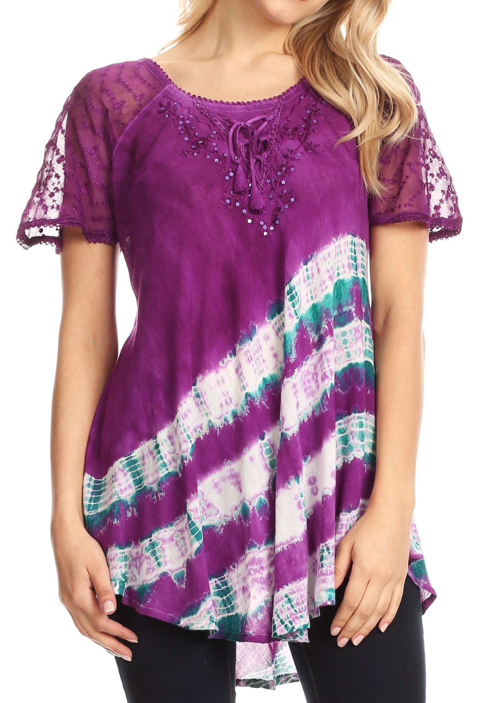 Purple lace top with a colorful pattern on a white background