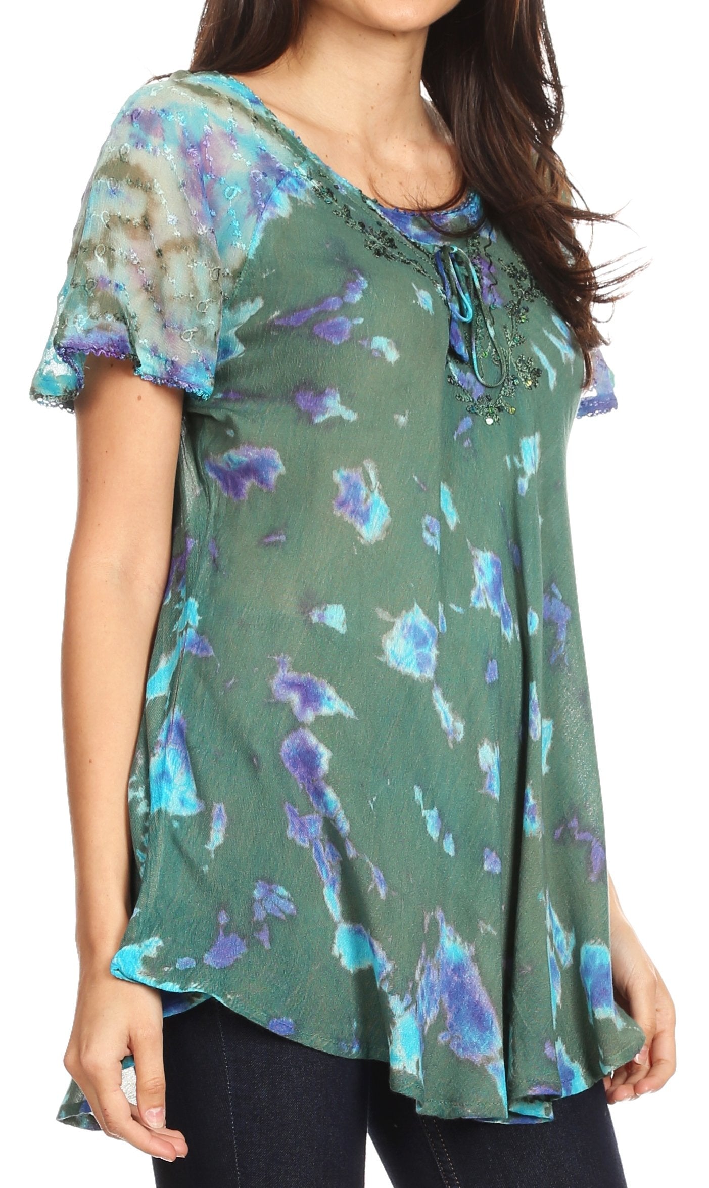 Green floral blouse with short sleeves on a model