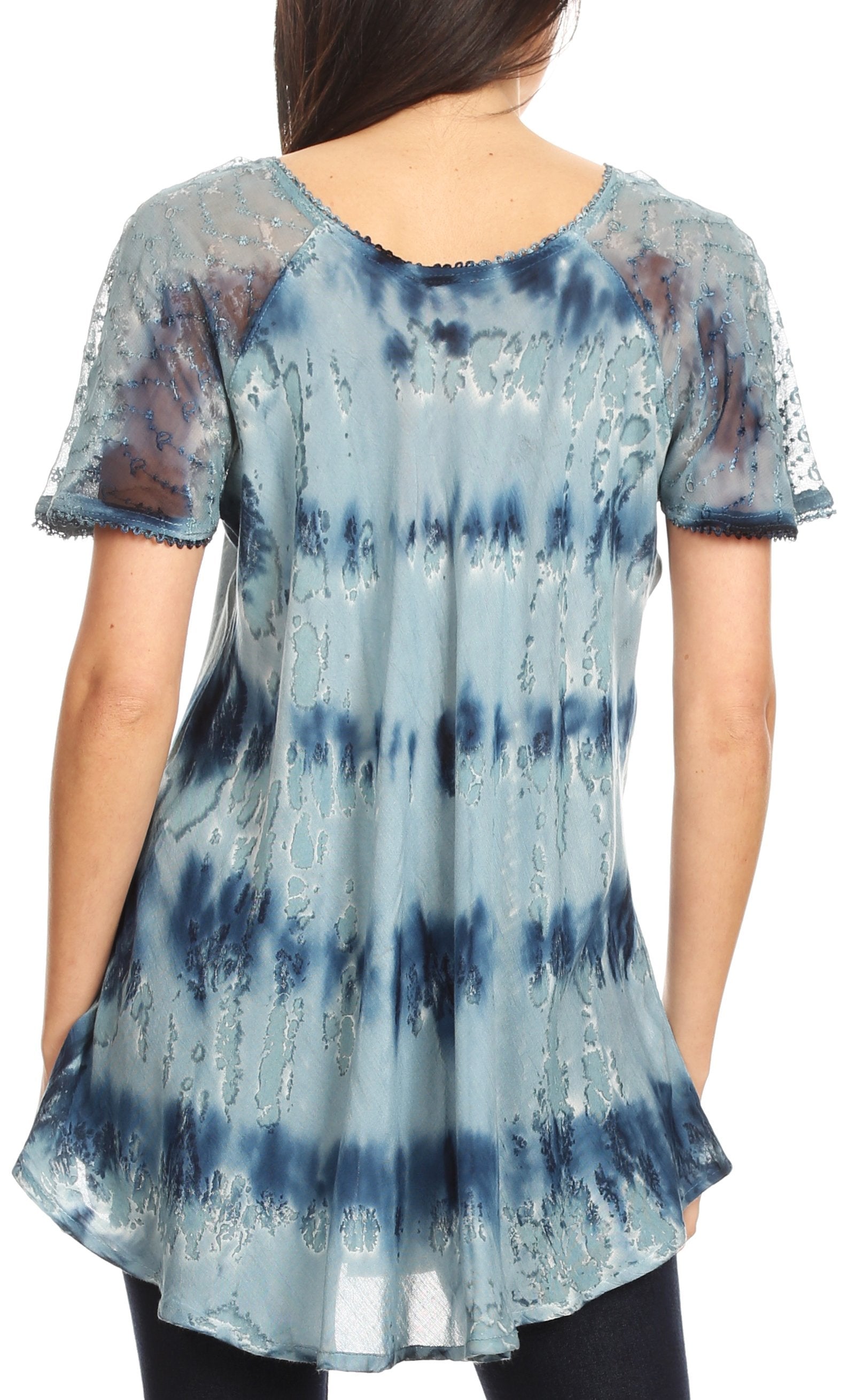 Tie-dye tunic with sheer sleeves on a plain background