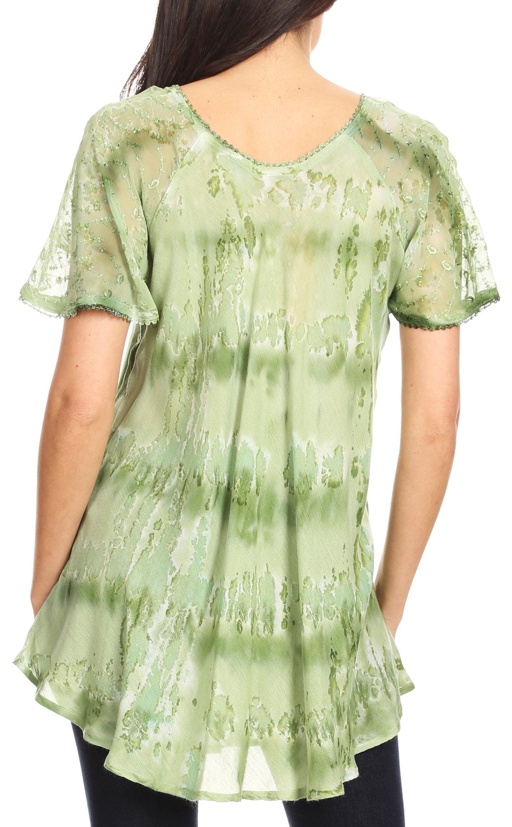 Green tie-dye blouse worn by a person on a white background