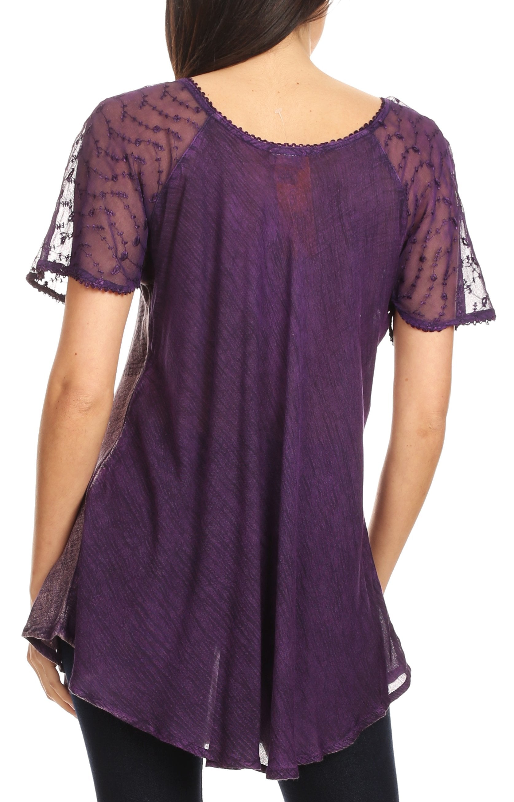 Purple lace top worn by a person on a white background