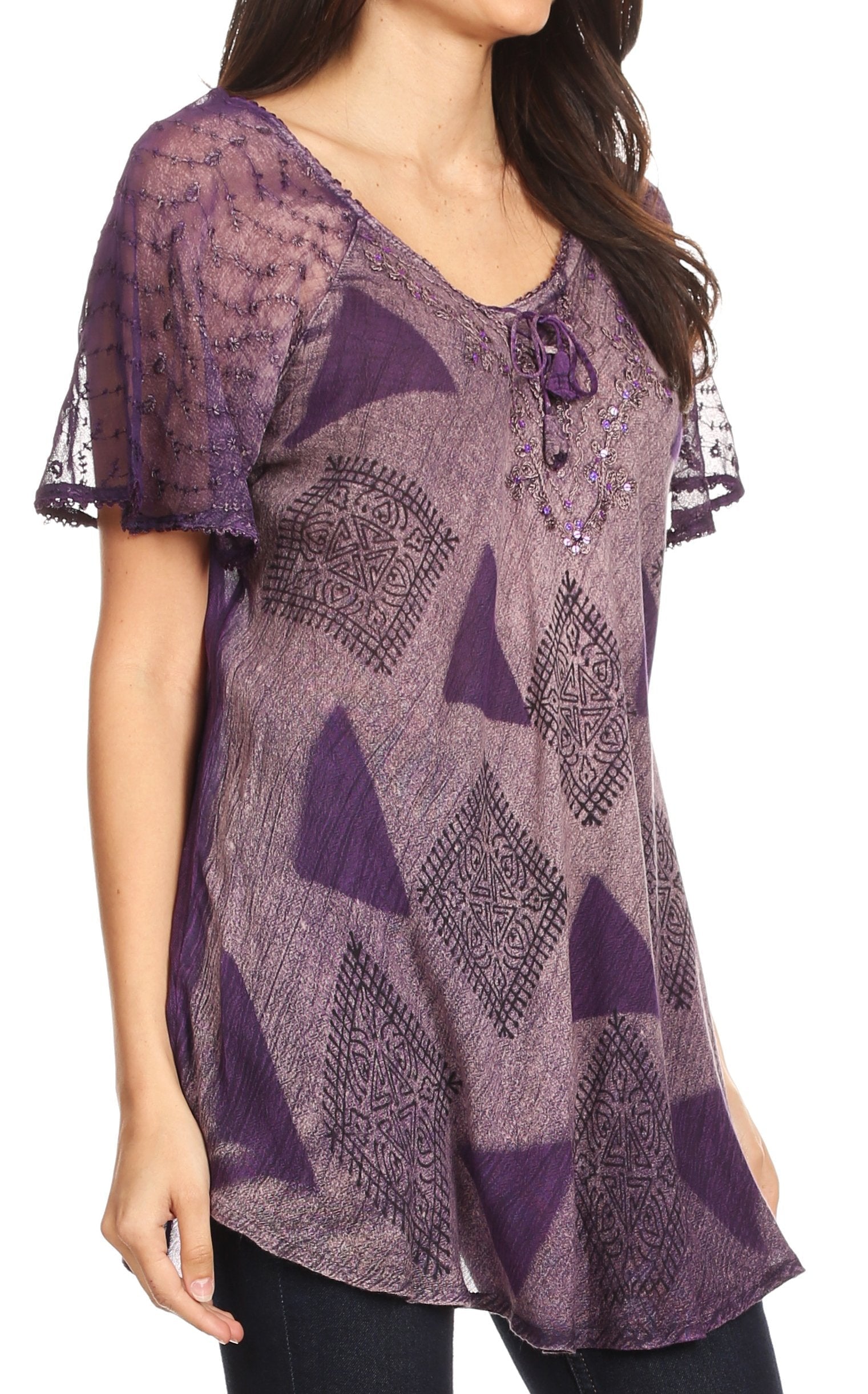 Purple patterned shirt worn by a model on a white background