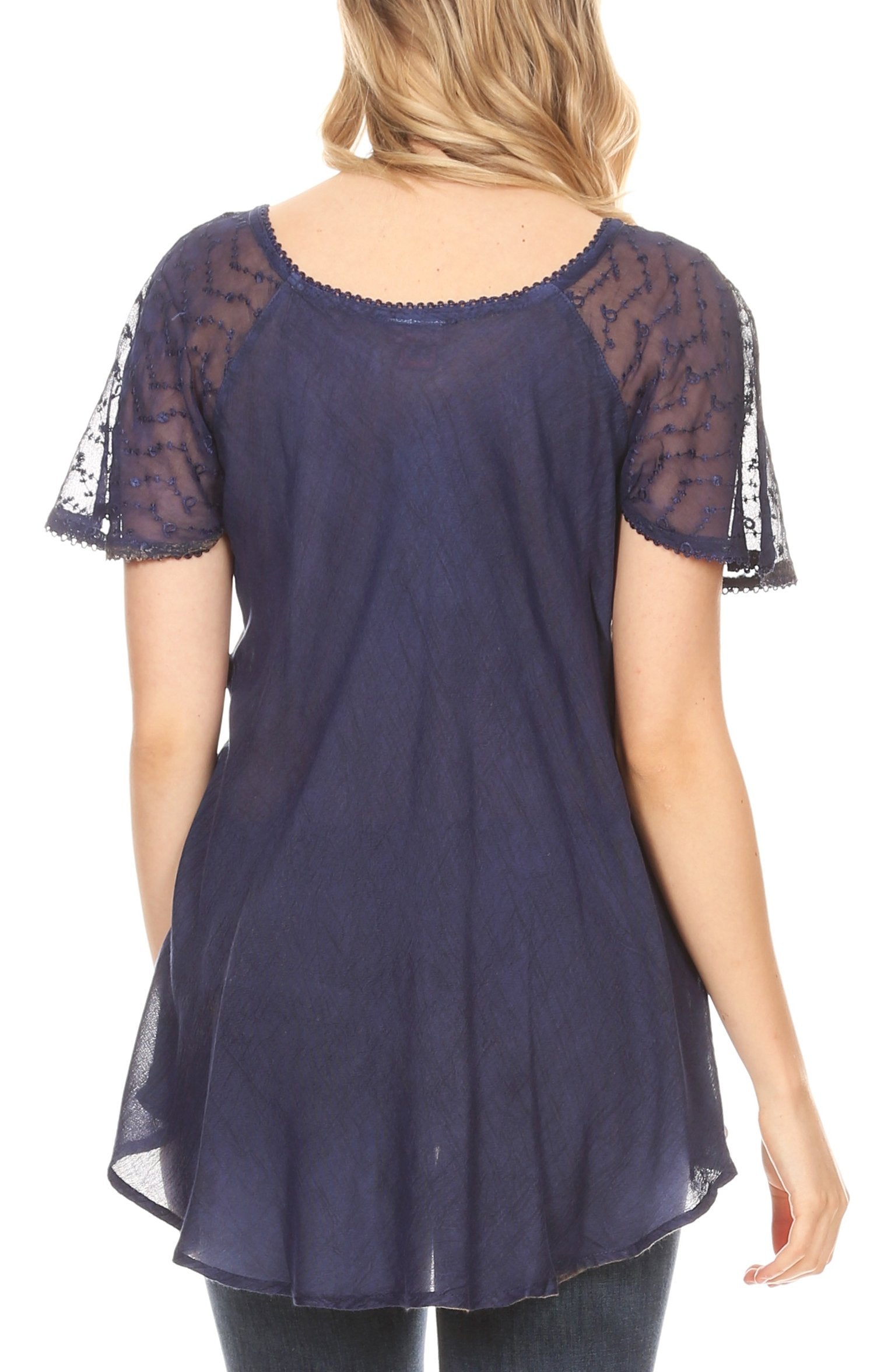 Navy blue sheer top with lace sleeves on a white background