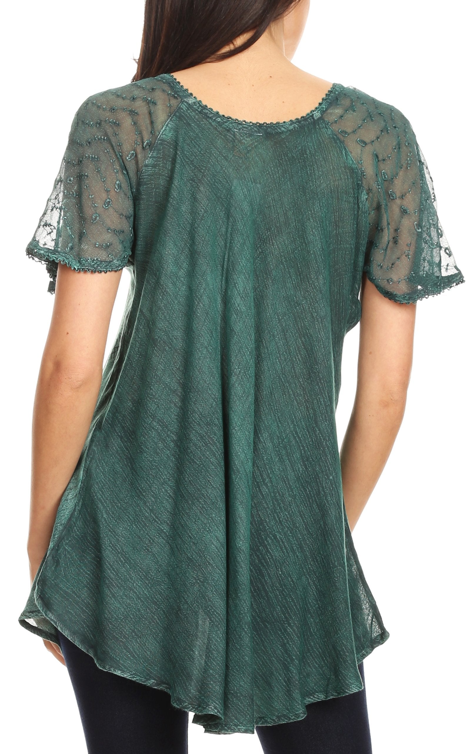 Green lace top worn by a person on a white background