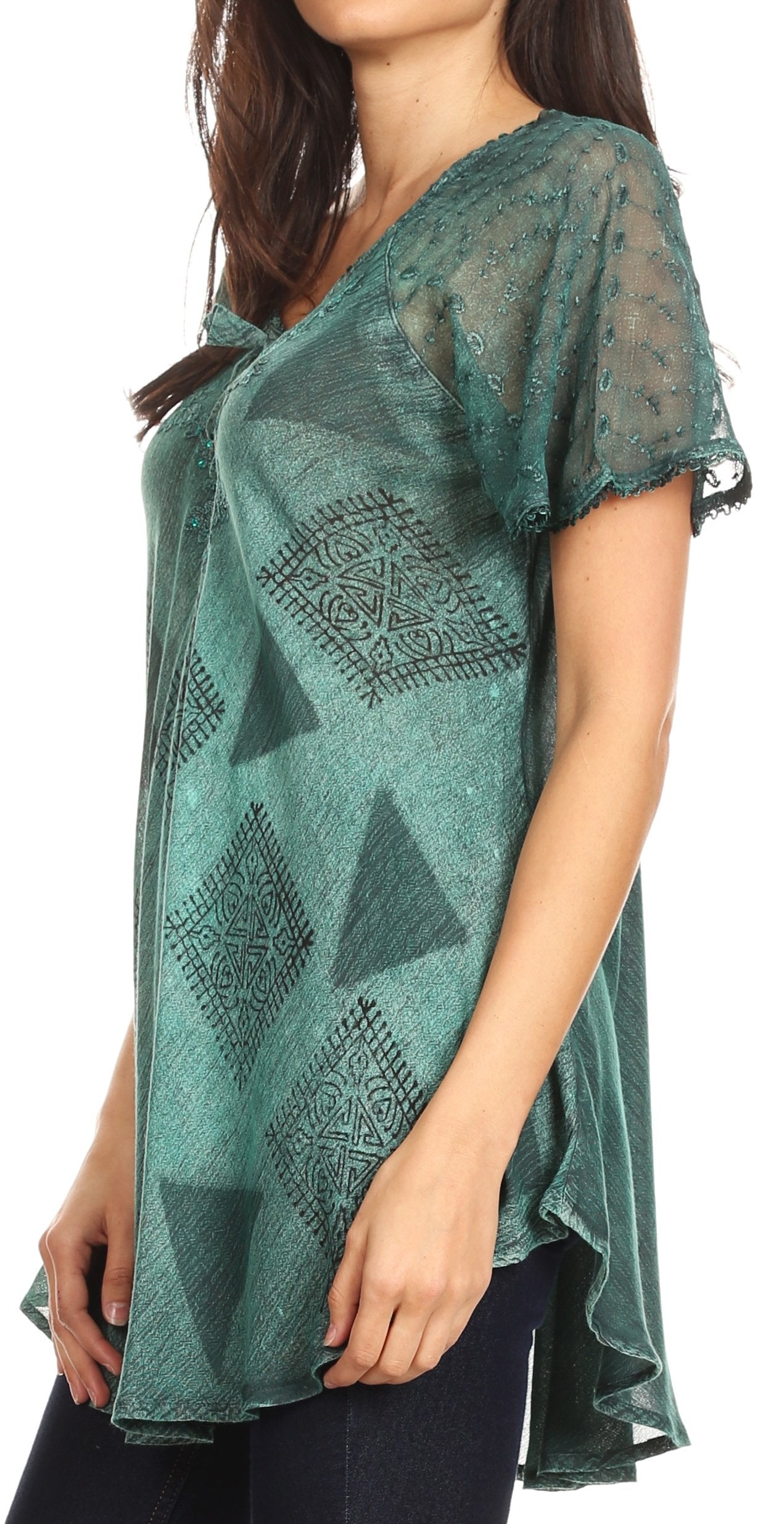 Green patterned top worn by a person on a white background
