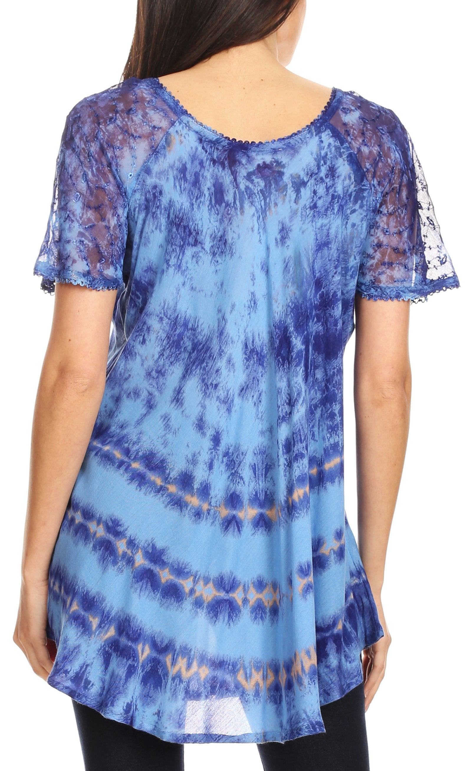 Blue tie-dye shirt with lace sleeves worn by a person on a white background