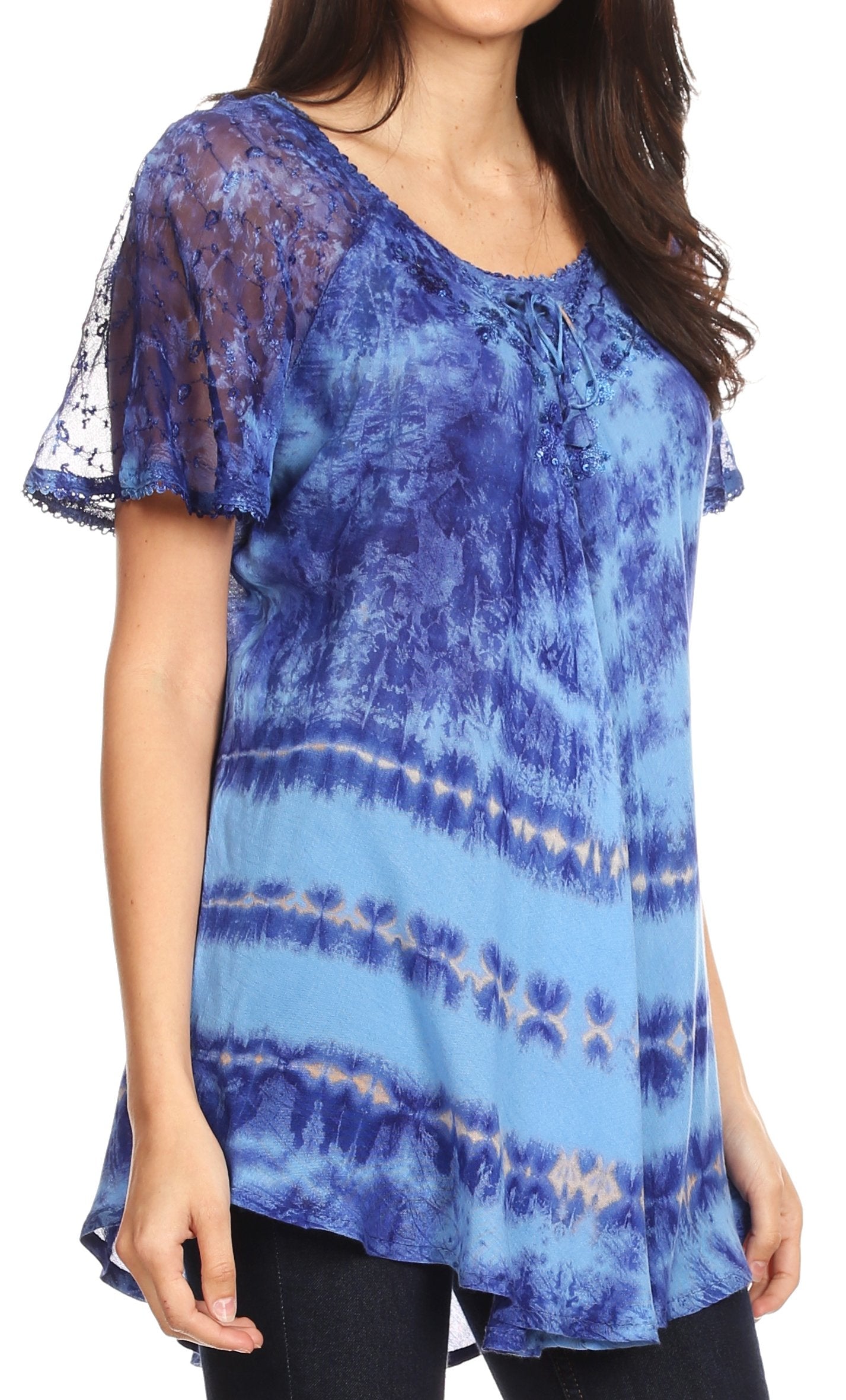 Blue tie-dye shirt with sheer sleeves worn by a person