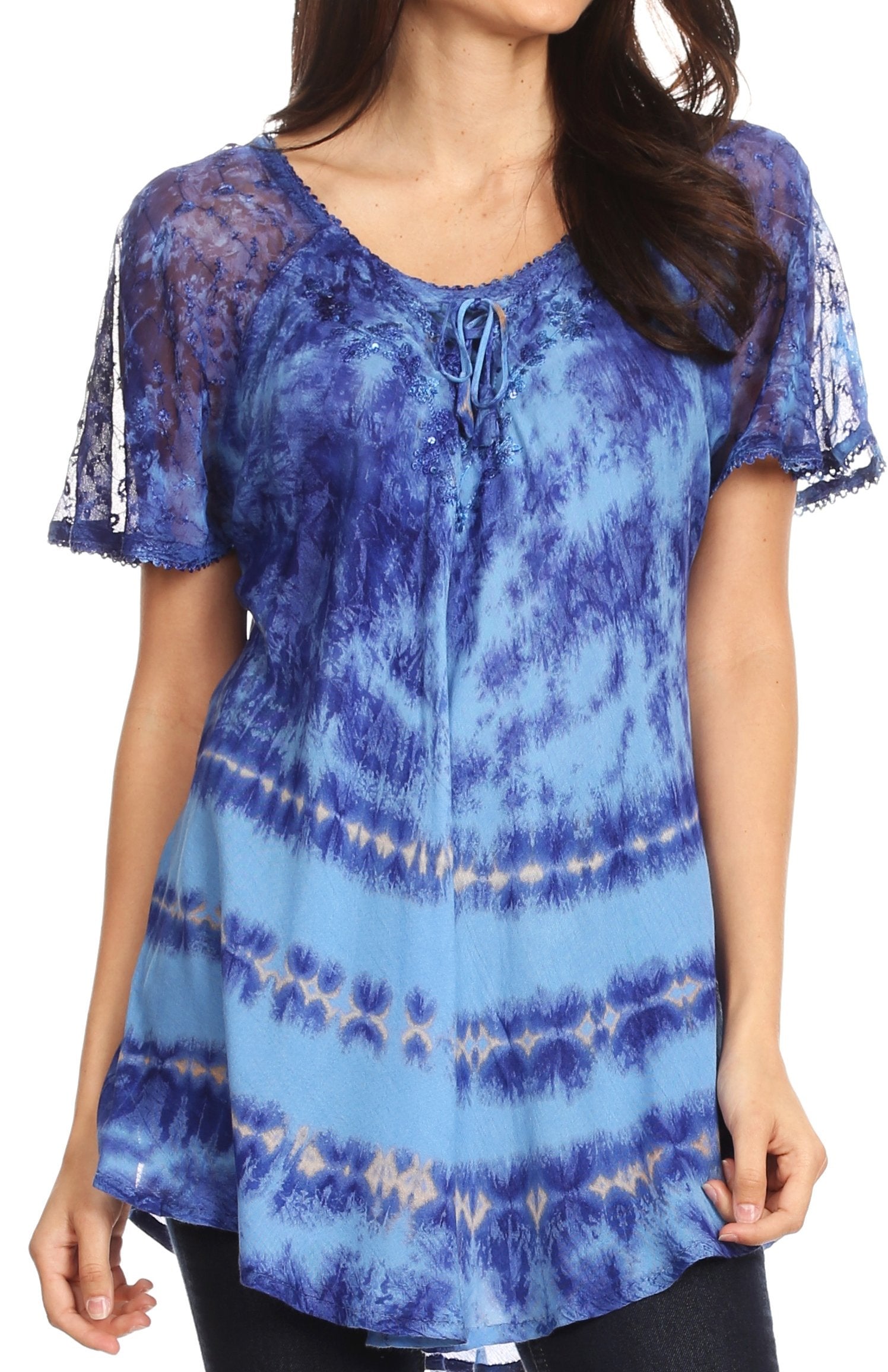 Blue tie-dye top with lace sleeves worn by a model on a white background