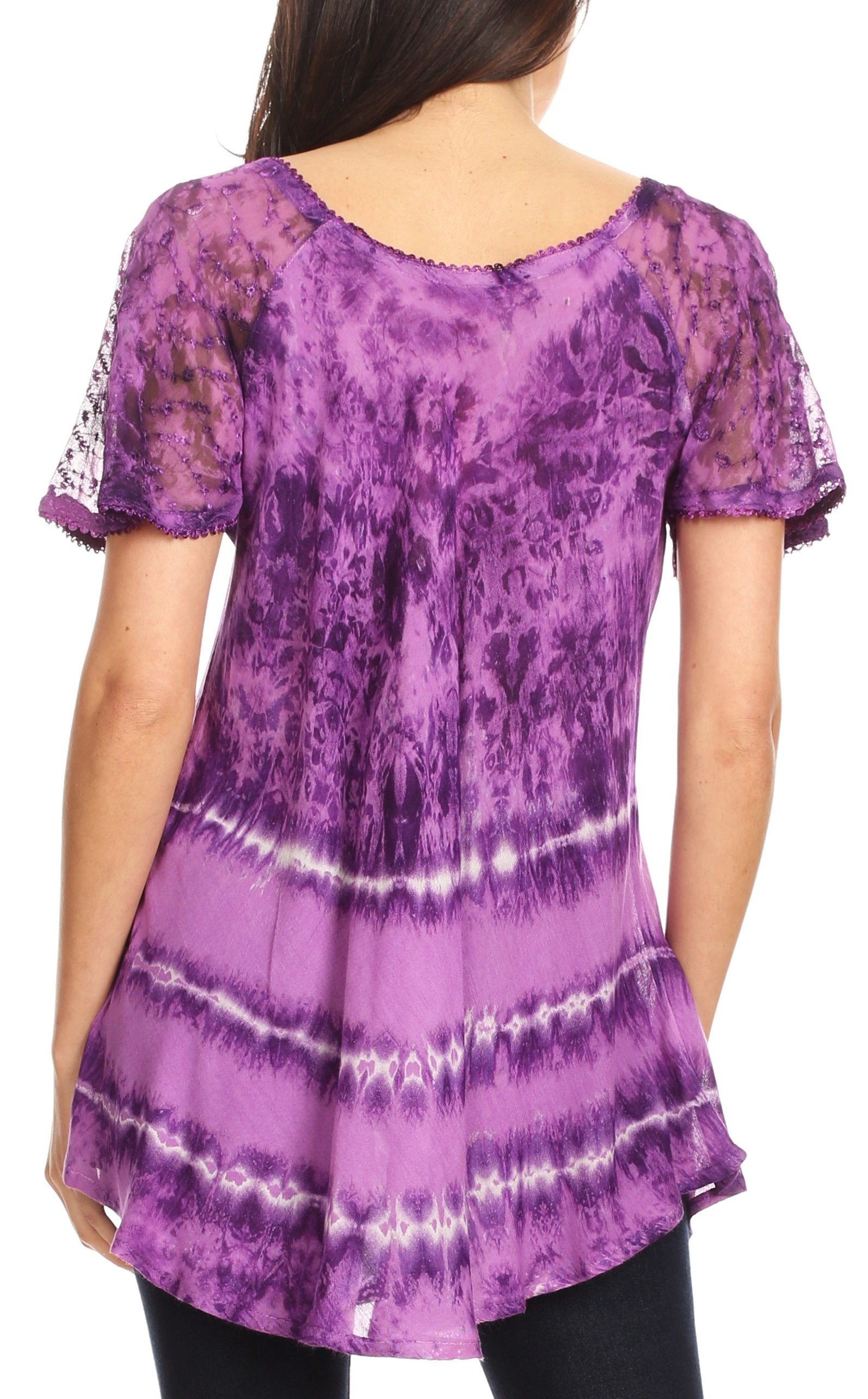 Purple tie-dye shirt worn by a person on a white background