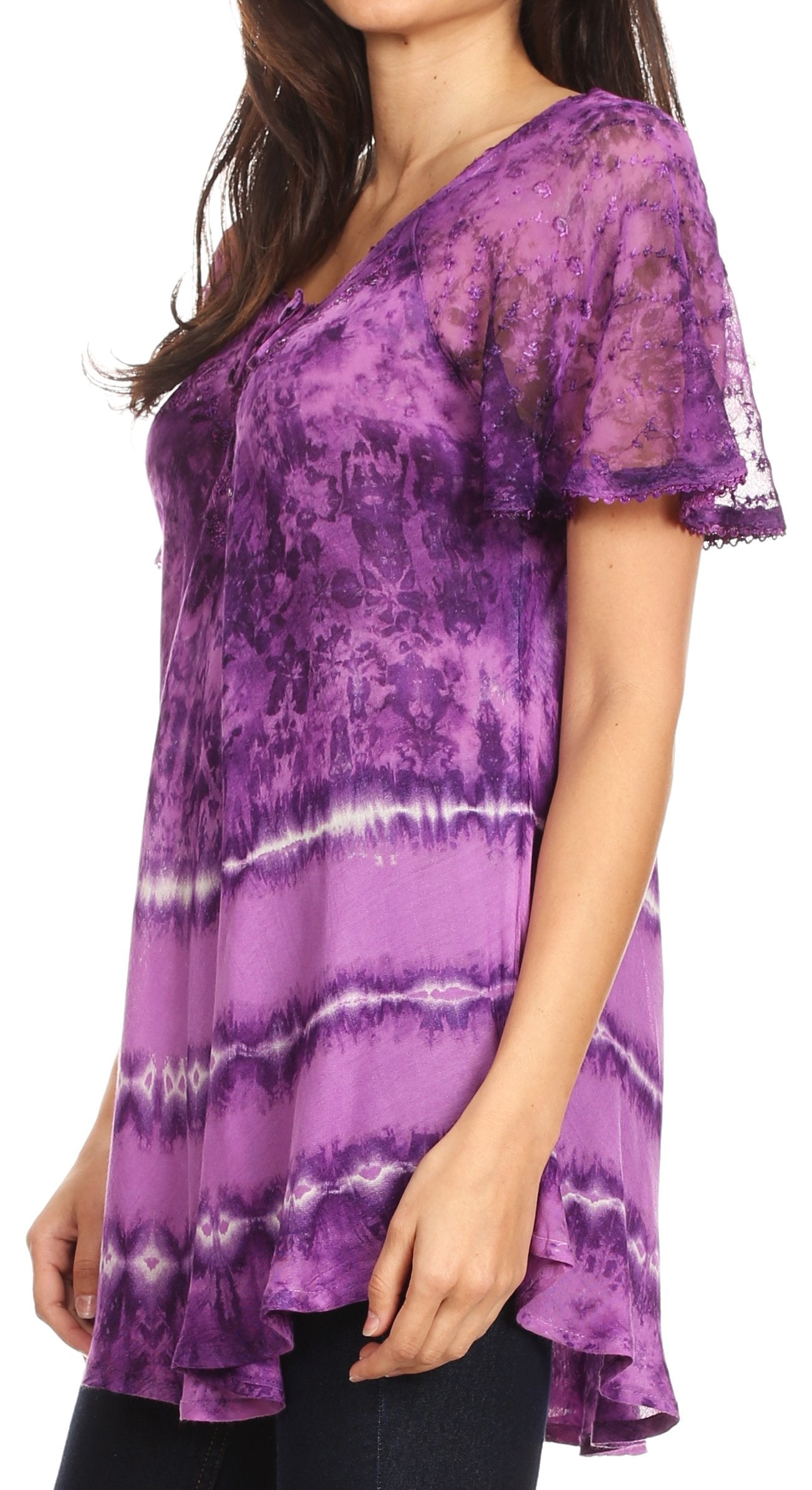 Purple tie-dye shirt worn by a model on a white background