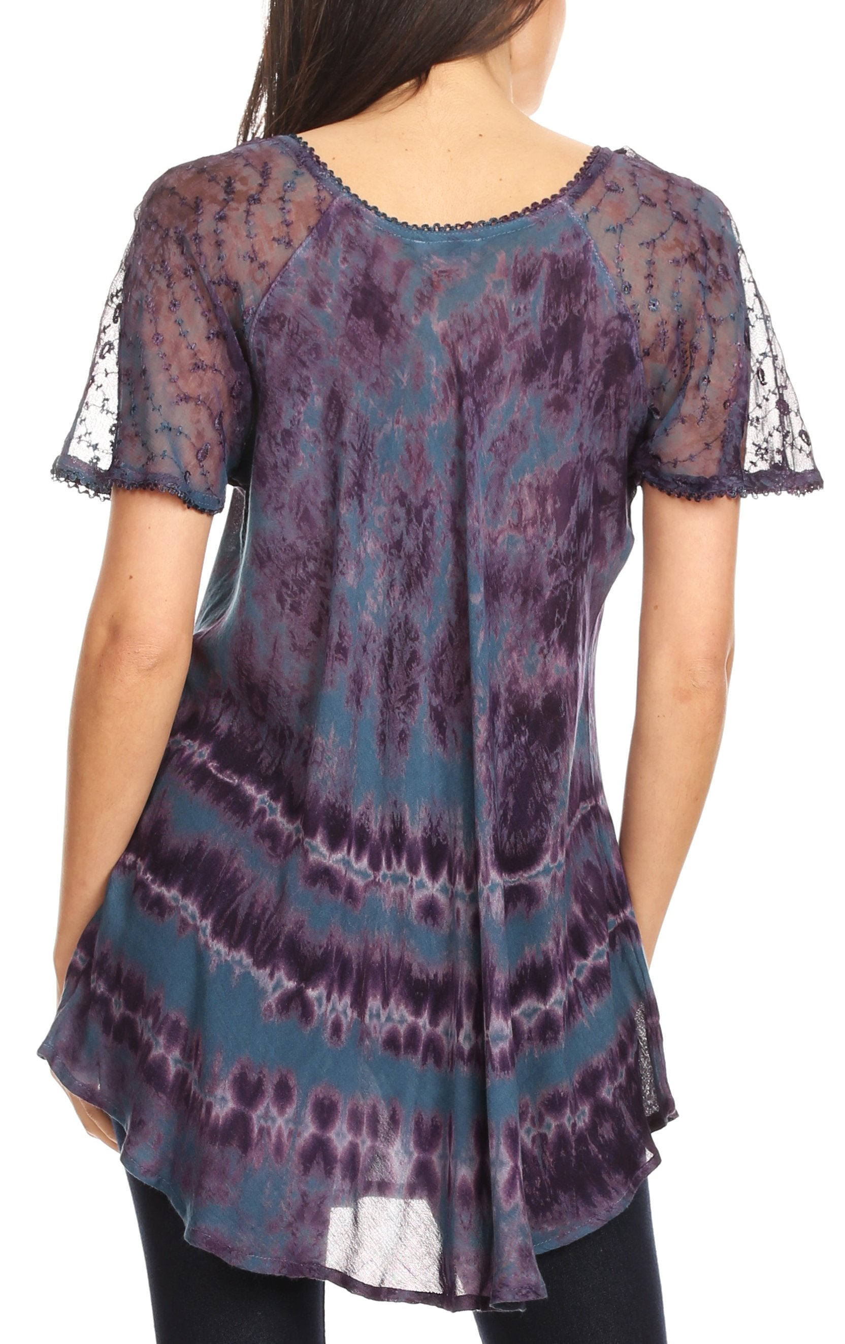 Purple and blue tie-dye top with lace sleeves on a white background