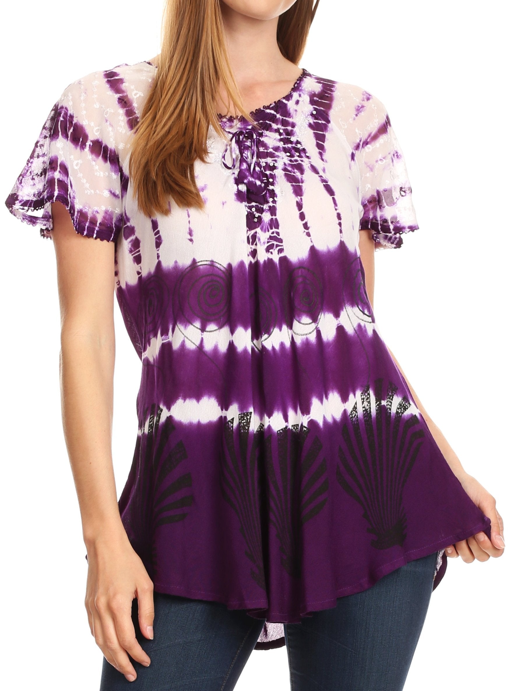 Woman wearing a purple and white tie-dye shirt on a white background