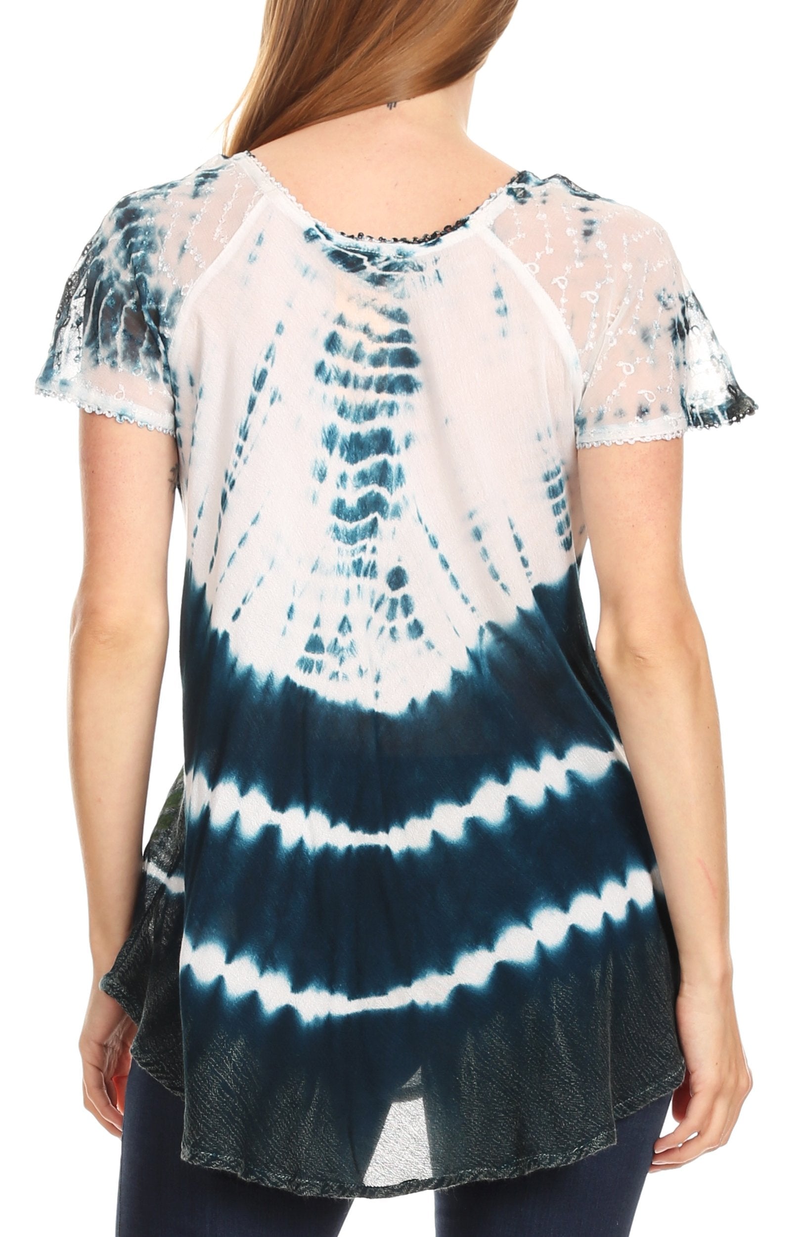 Tie-dye shirt with blue and white pattern on a white background