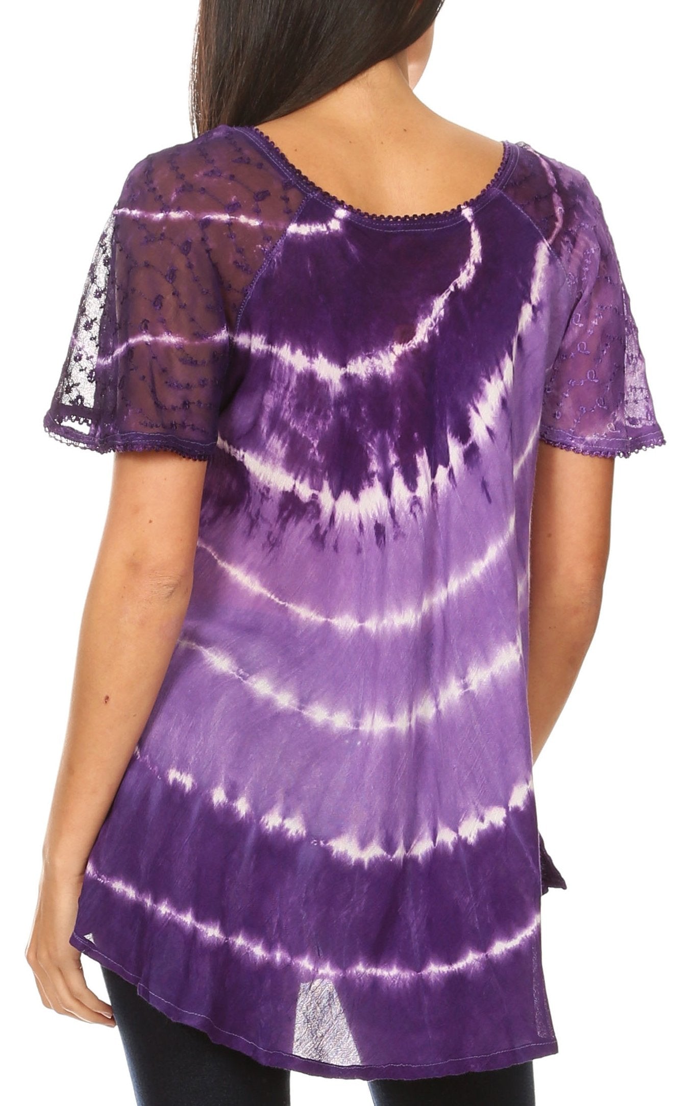 Purple tie-dye shirt with lace sleeves worn by a person on a white background