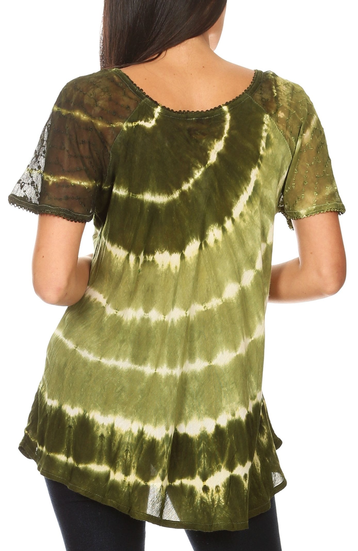 Green tie-dye shirt worn by a person on a white background