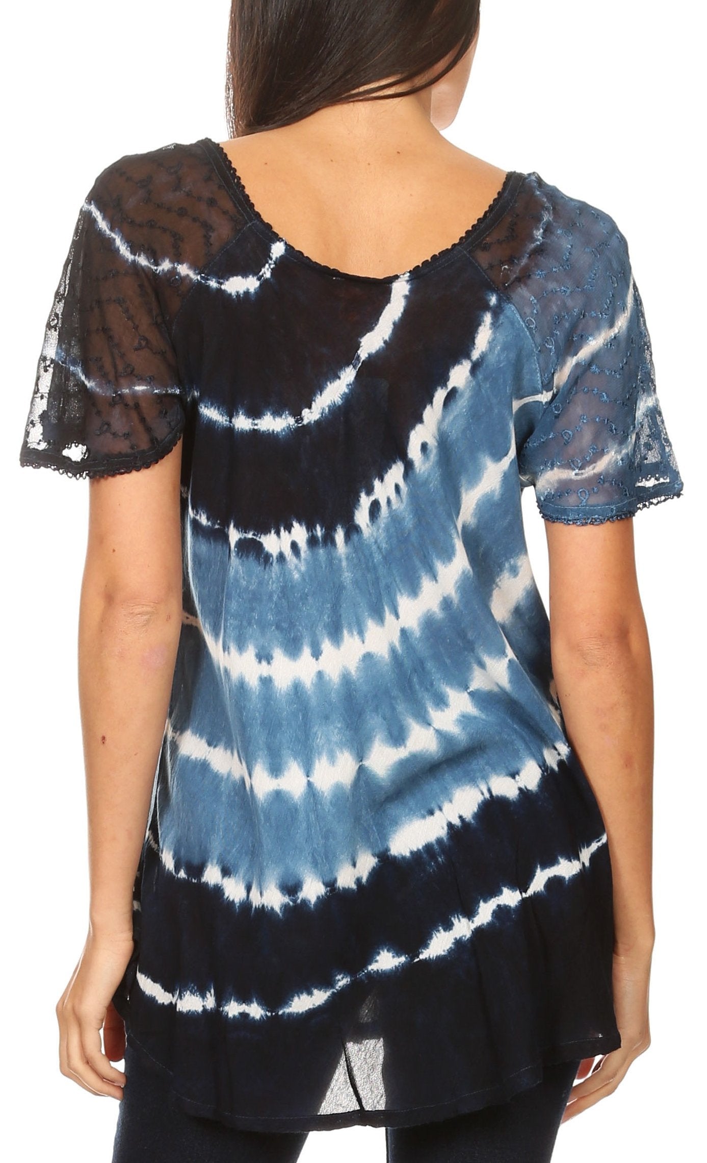 Tie-dye shirt with black, blue, and white pattern on a plain background