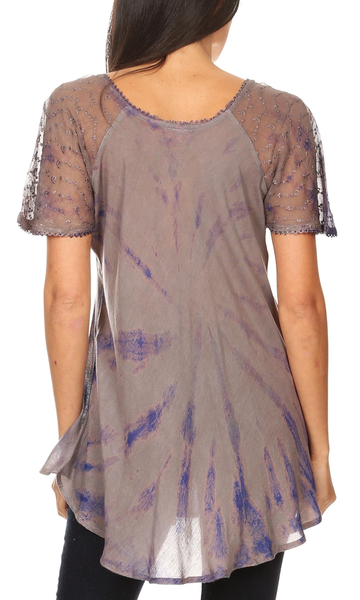 Sheer purple and gray top with lace sleeves on a white background