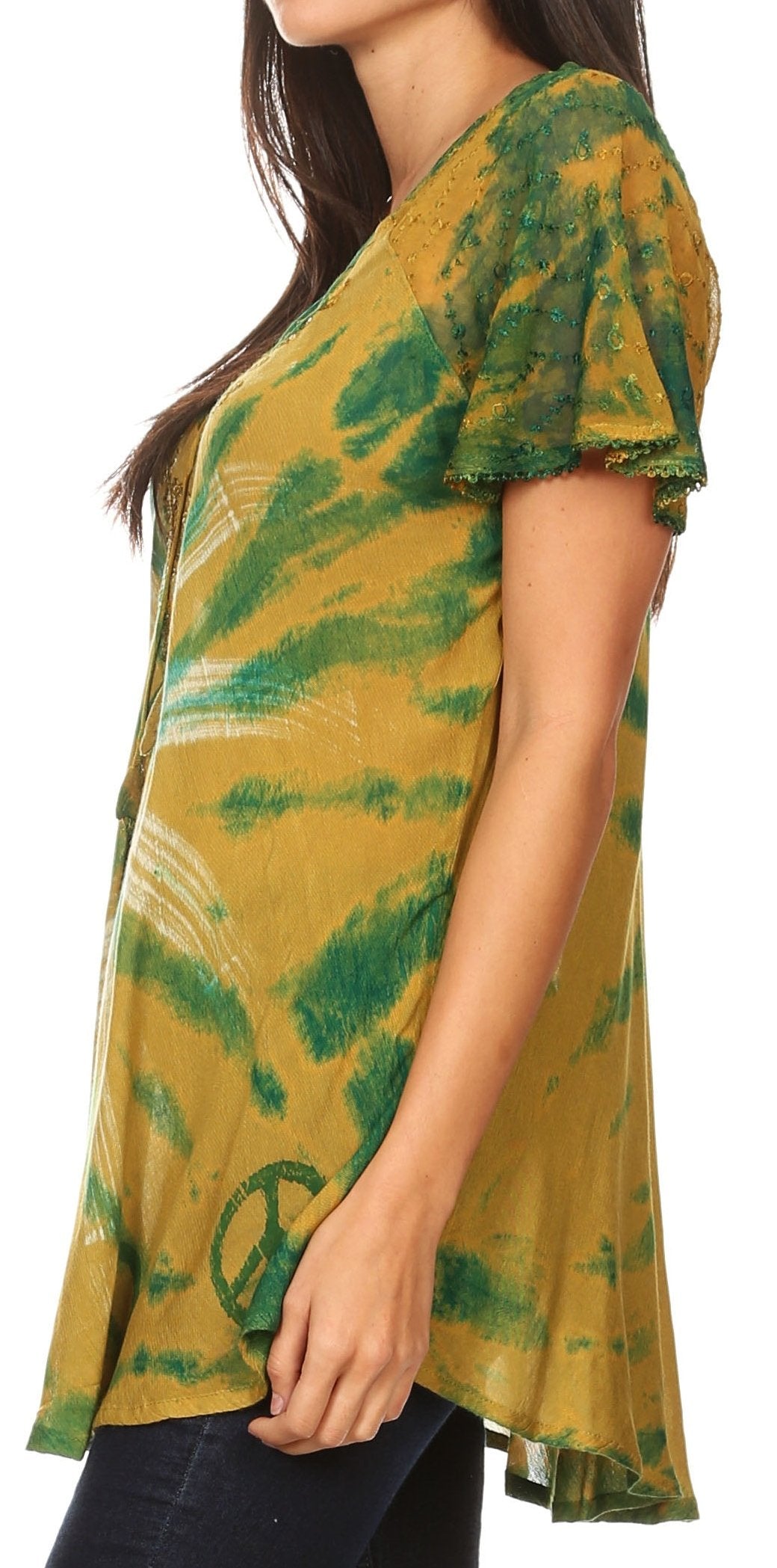 Green and yellow tie-dye shirt worn by a person on a white background