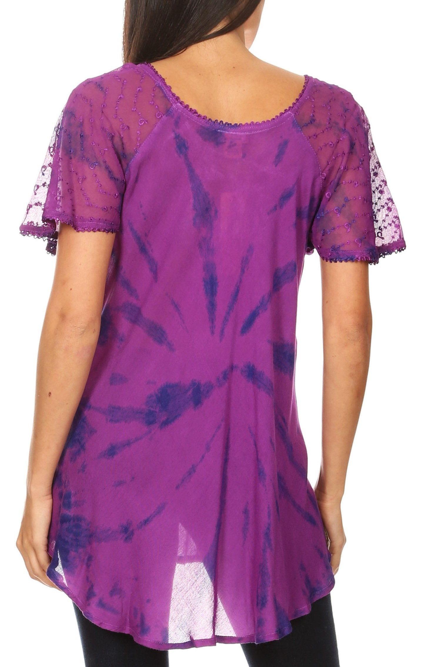 Purple tie-dye tunic with lace sleeves on a white background