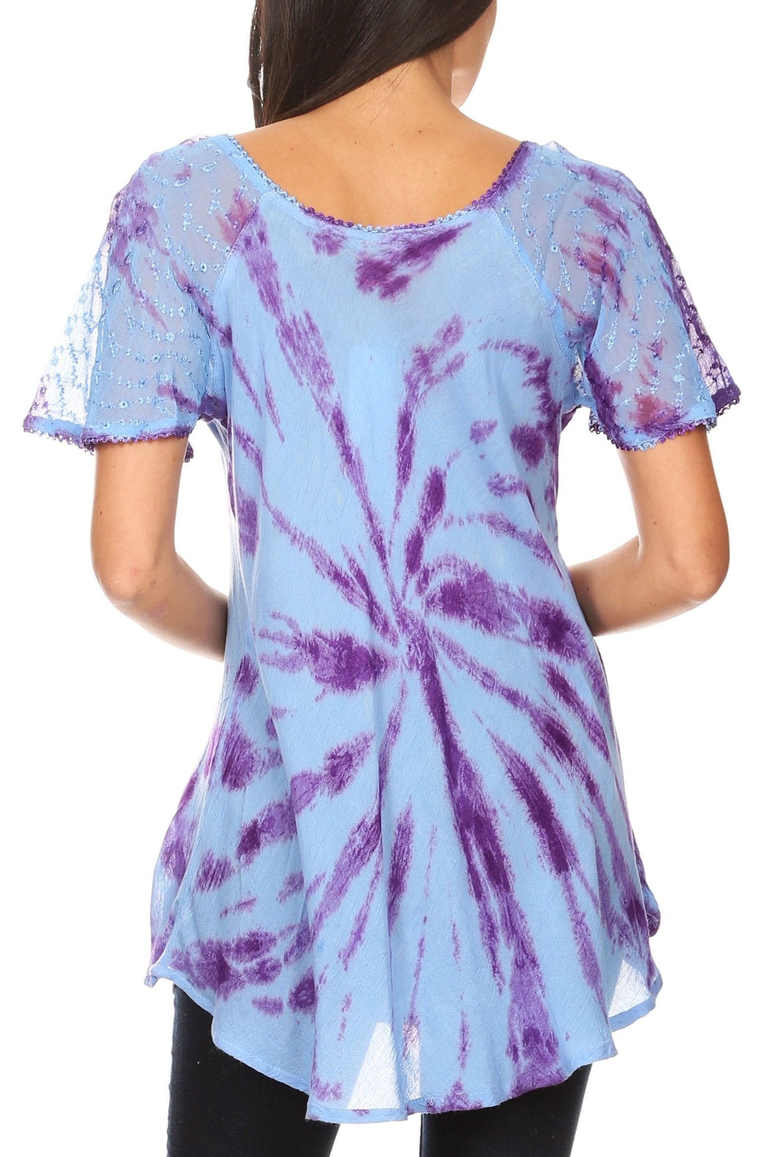 Tie-dye tunic with purple and blue pattern on a white background
