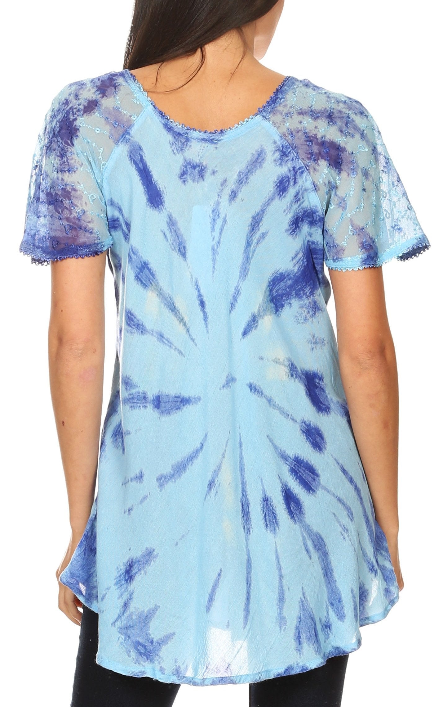 Blue tie-dye t-shirt worn by a person on a white background