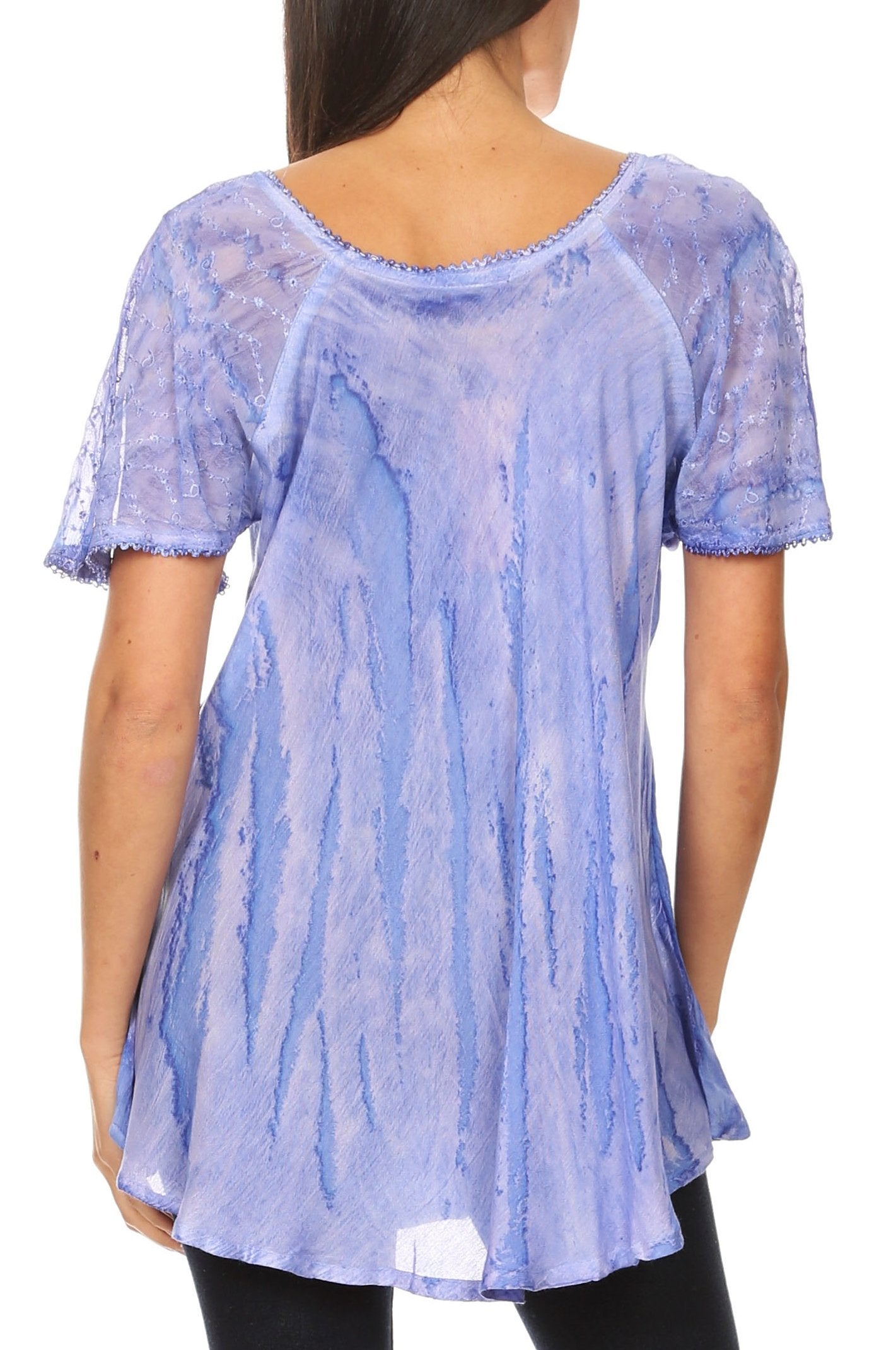 Light blue lace top worn by a person on a white background