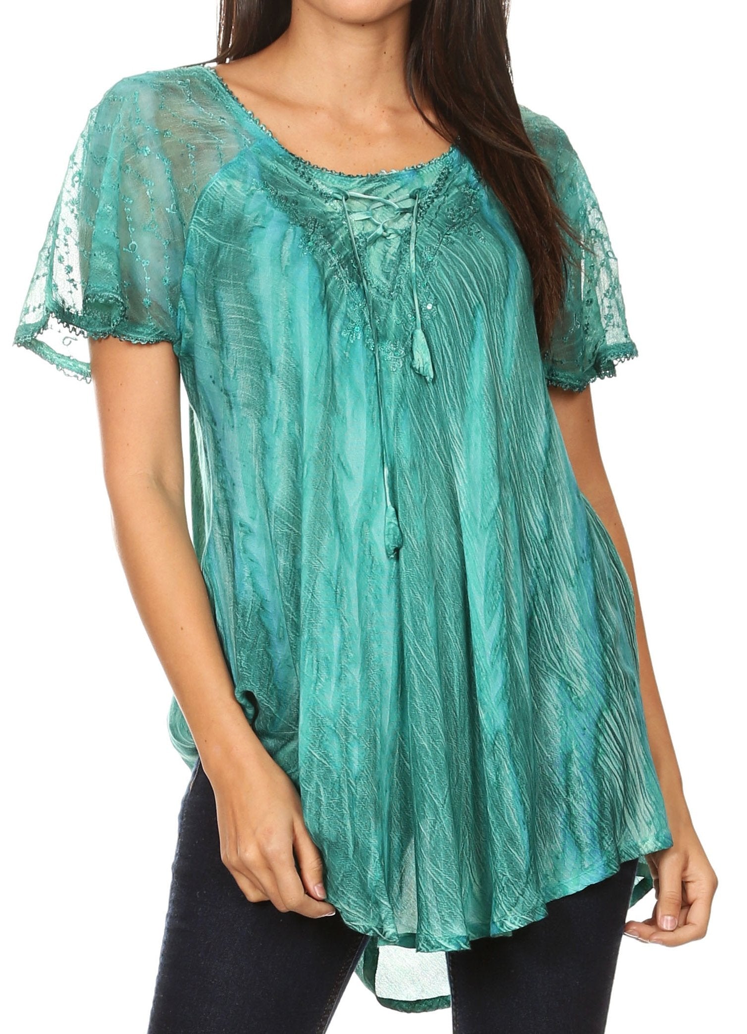 Teal lace-up top worn by a model on a white background