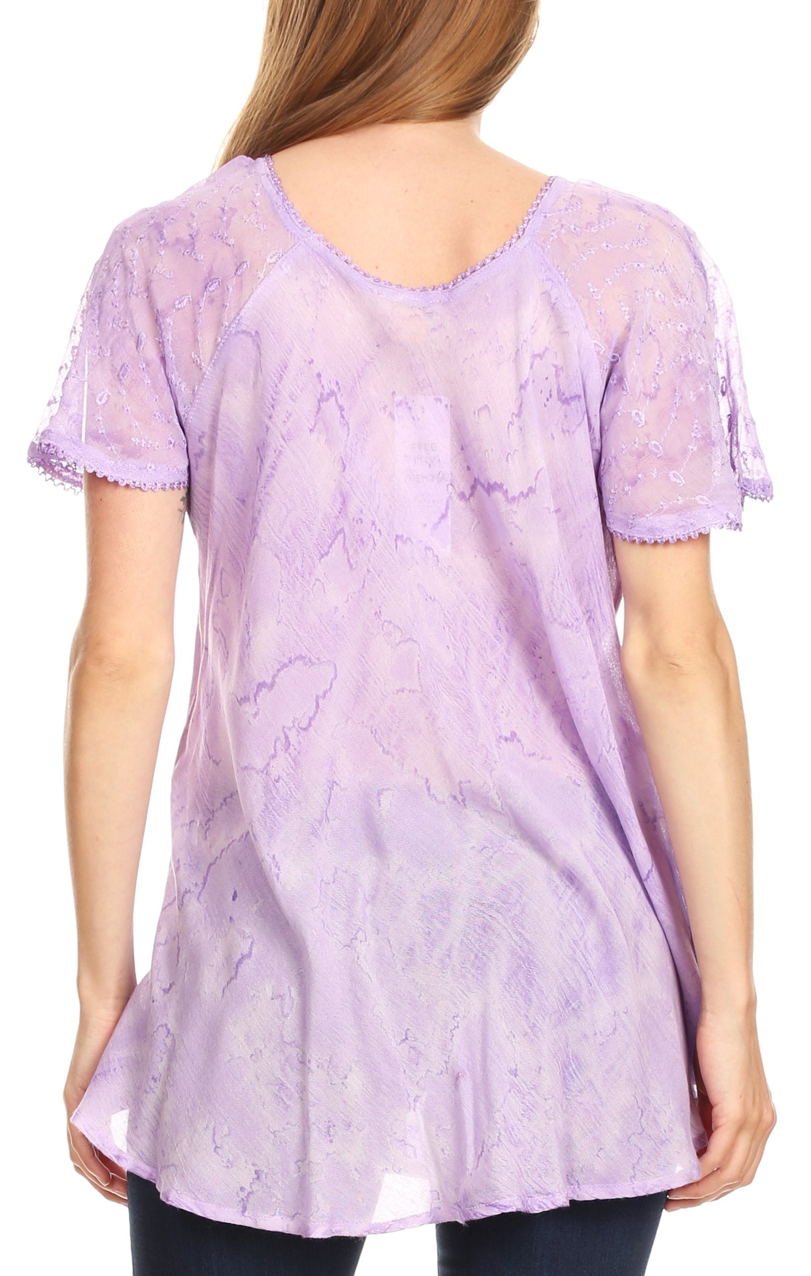 Lavender lace top worn by a person on a white background