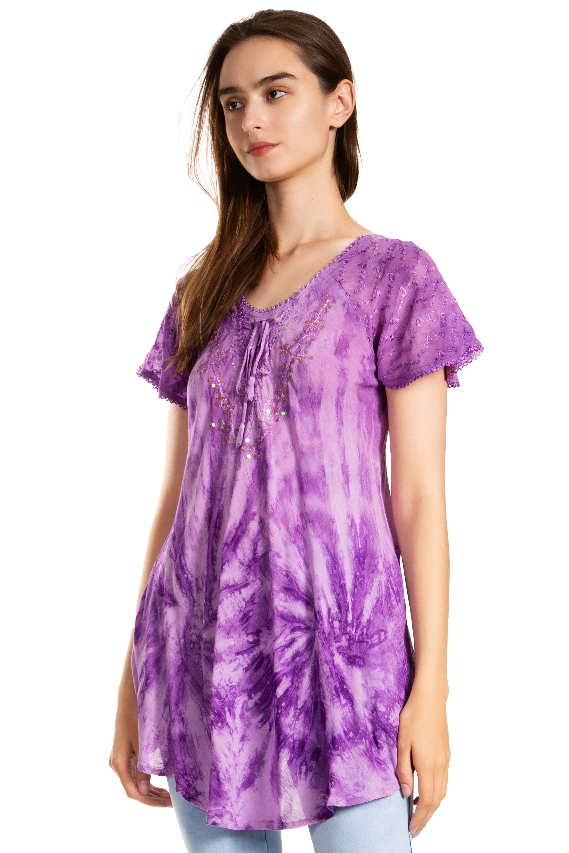 Woman wearing a purple tie-dye t-shirt on a white background