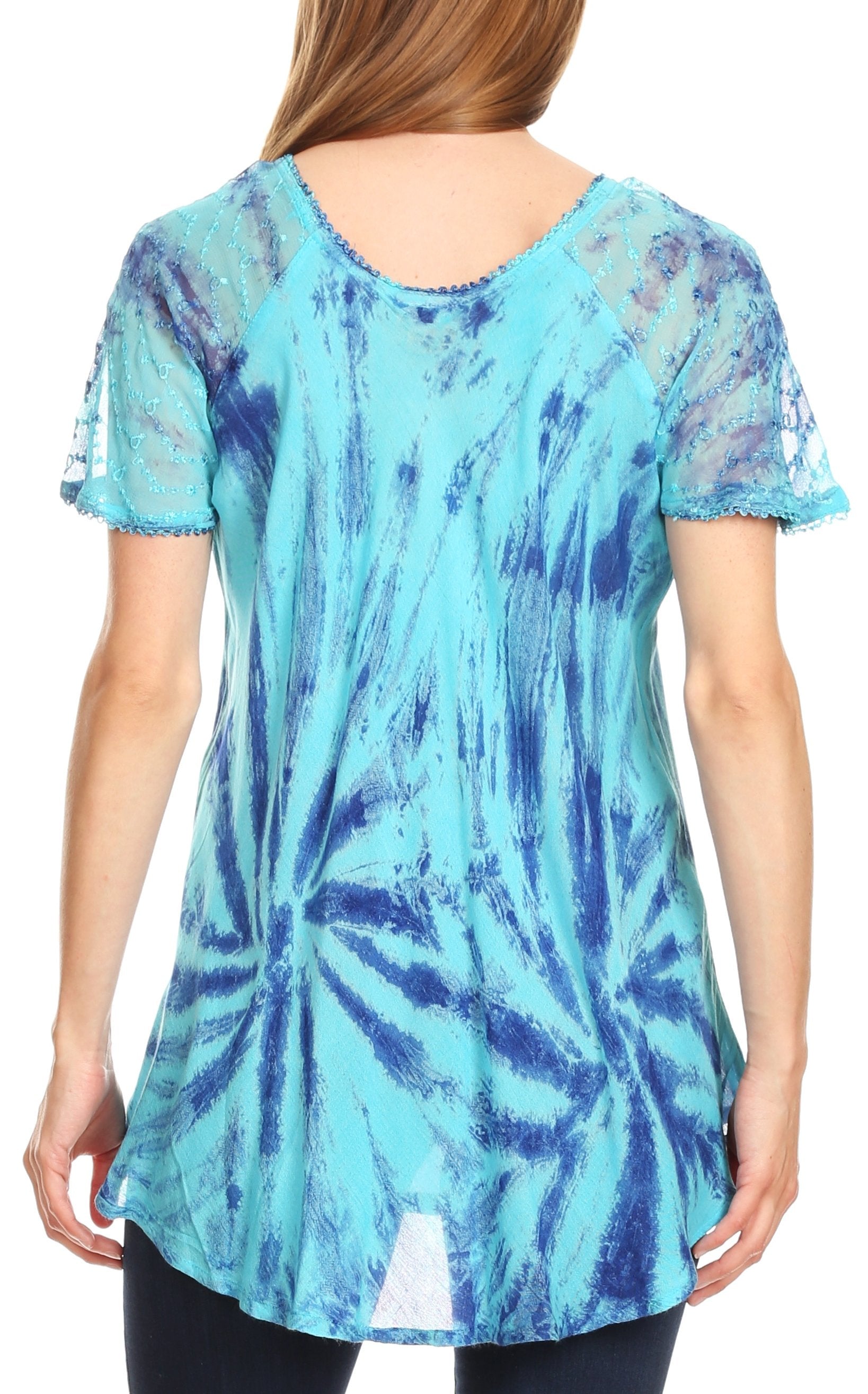 Blue tie-dye tunic with lace sleeves on a white background