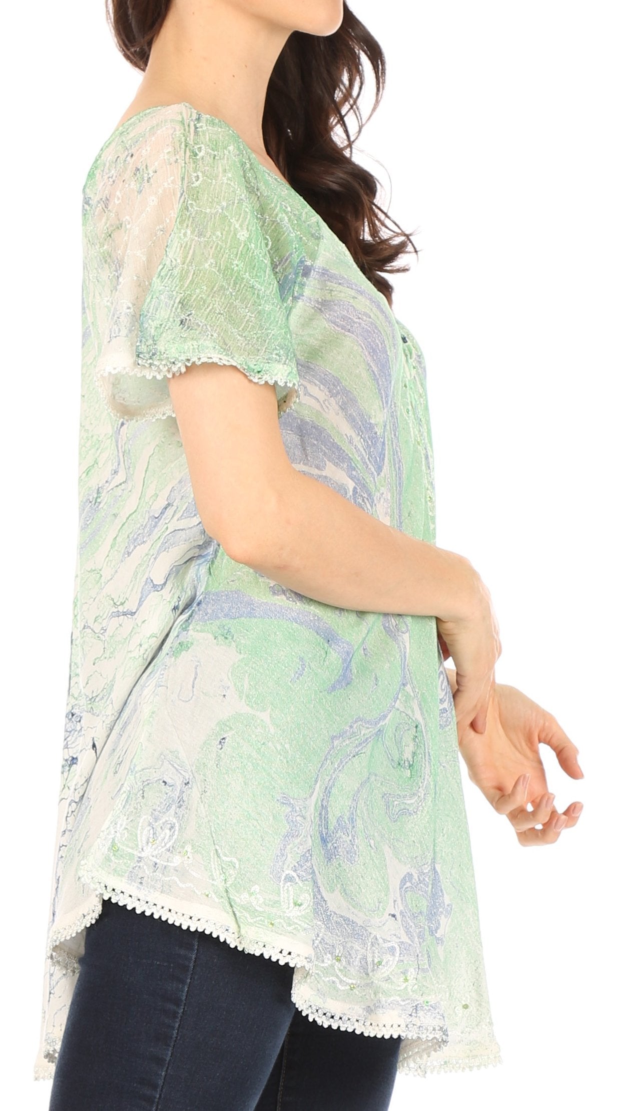 Woman wearing a light green floral patterned top with lace trim on a white background